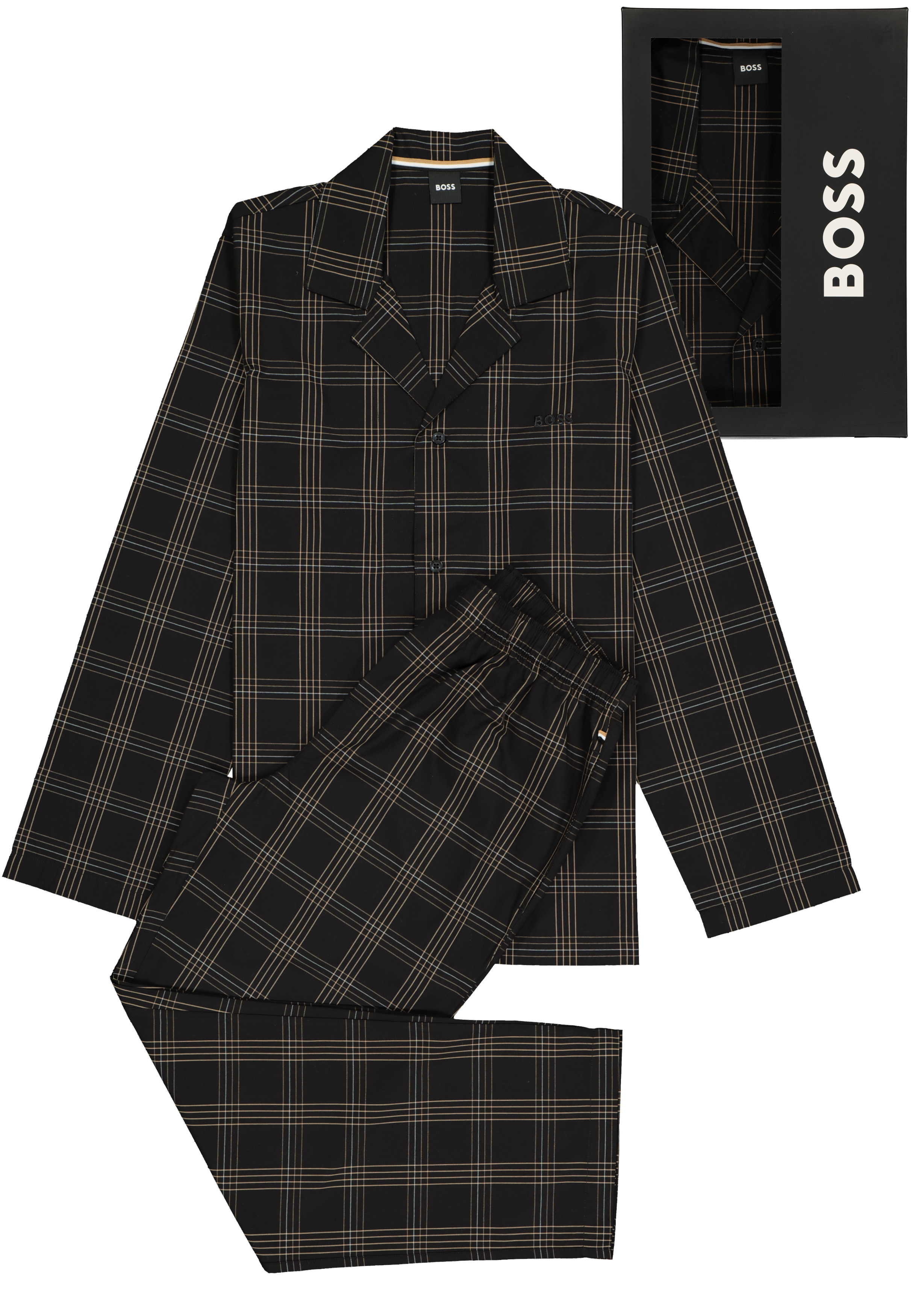 HUGO BOSS Urban Pyjama, heren pyjamaset, zwart met beige geruite broek