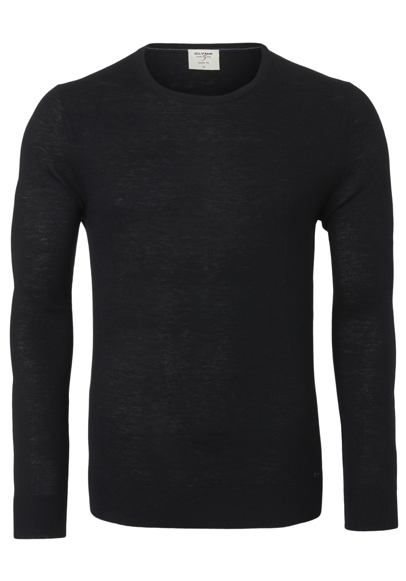 OLYMP Level 5 body fit trui wol met zijde, O-hals, zwart
