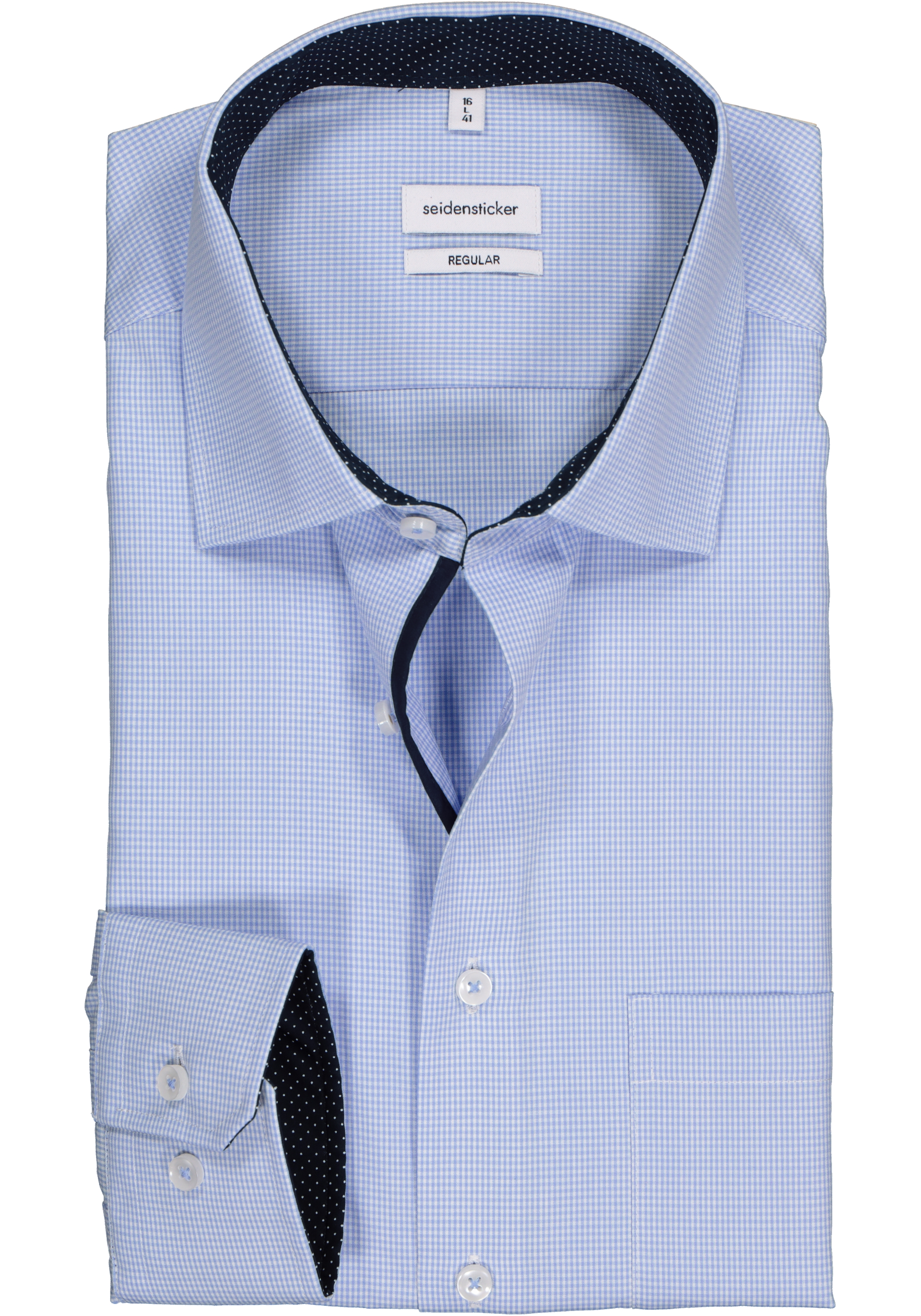 Seidensticker regular fit overhemd, blauw met wit geruit (contrast)