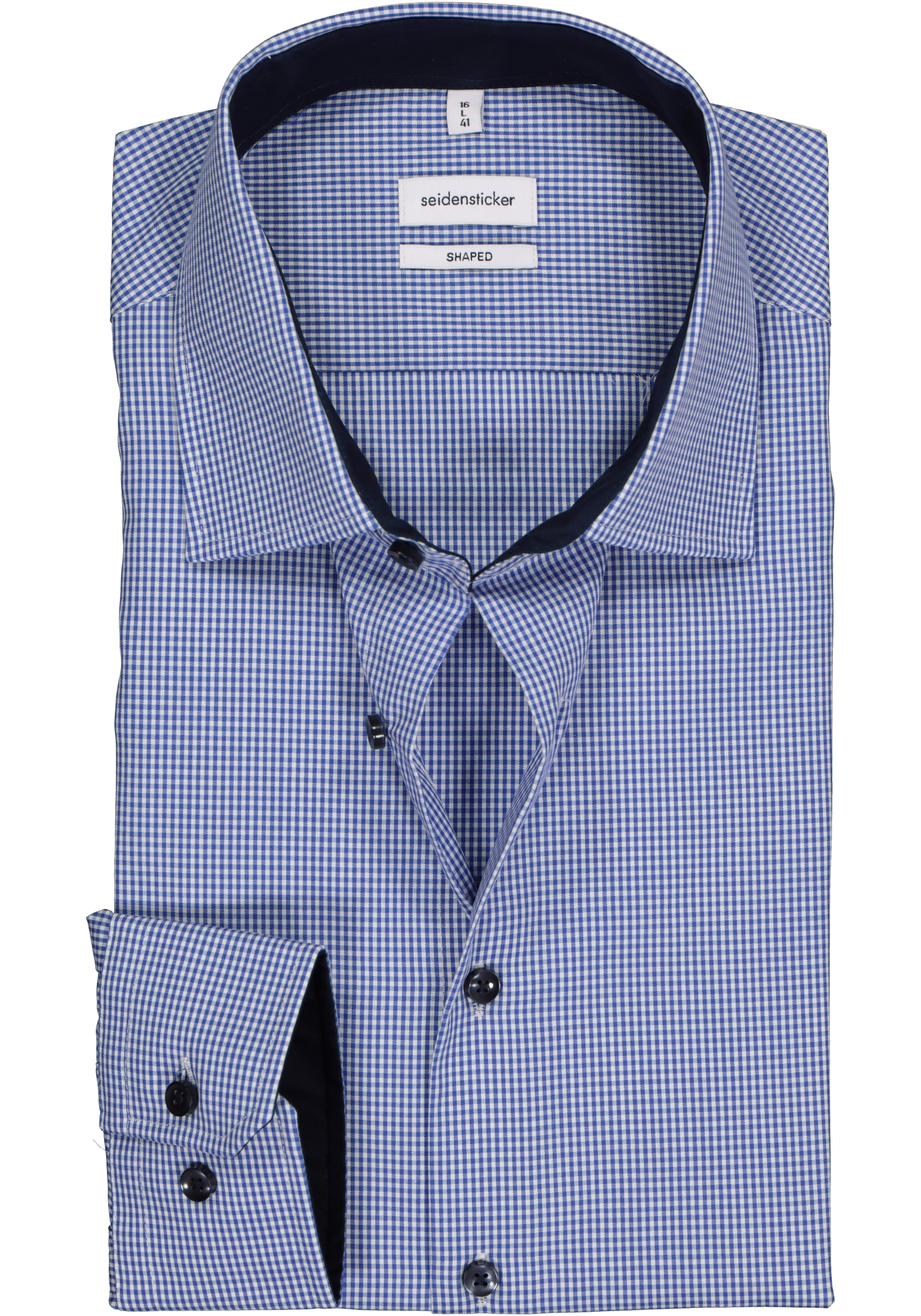 Seidensticker shaped fit overhemd, blauw met wit geruit (contrast)
