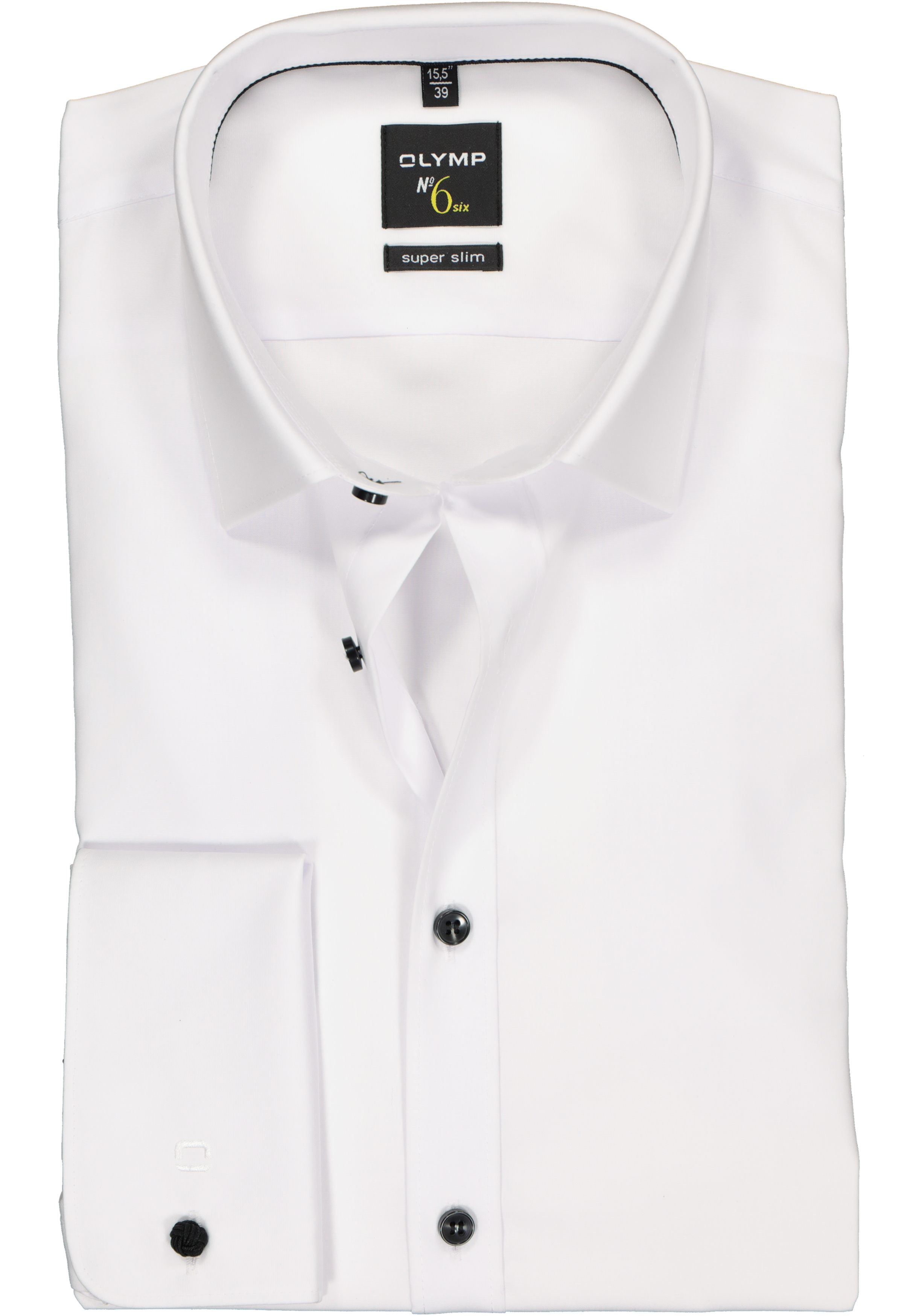 OLYMP No. Six super slim fit overhemd, dubbele manchet, wit met zwarte knoopjes 