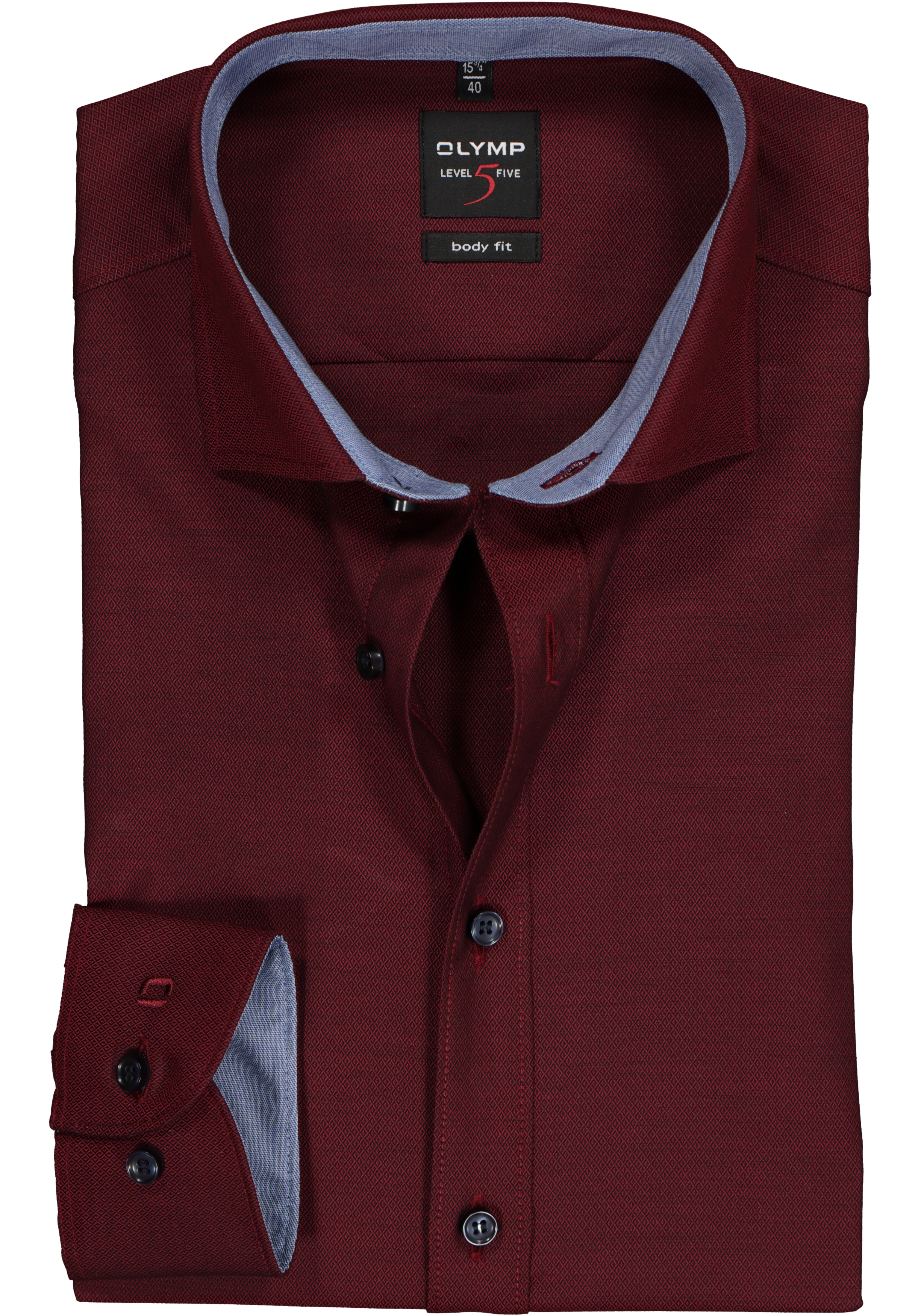 OLYMP Level 5 body fit overhemd, bordeaux rood structuur (blauw contrast)