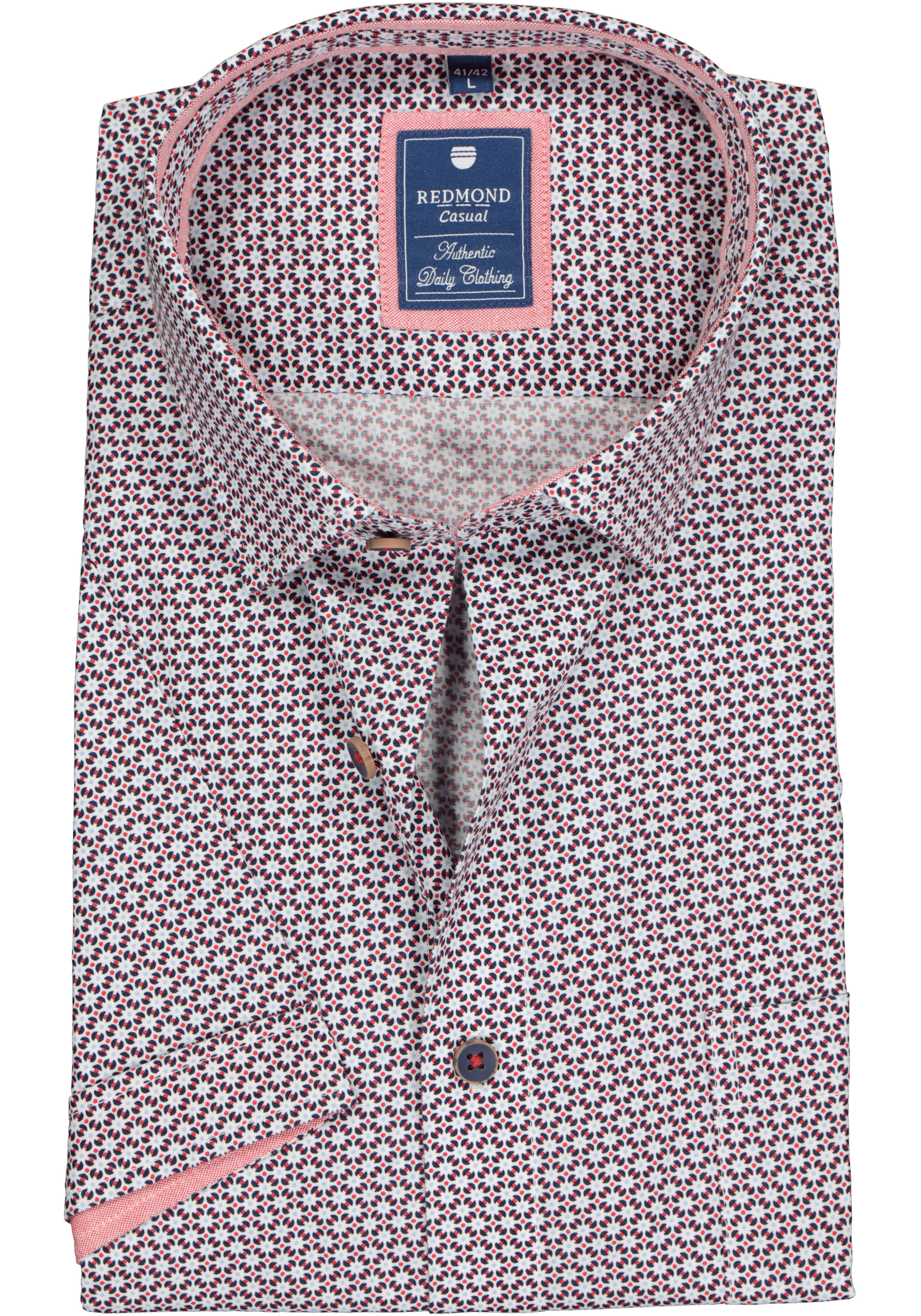 Redmond regular fit overhemd, korte mouw, poplin dessin, blauw en rood met wit