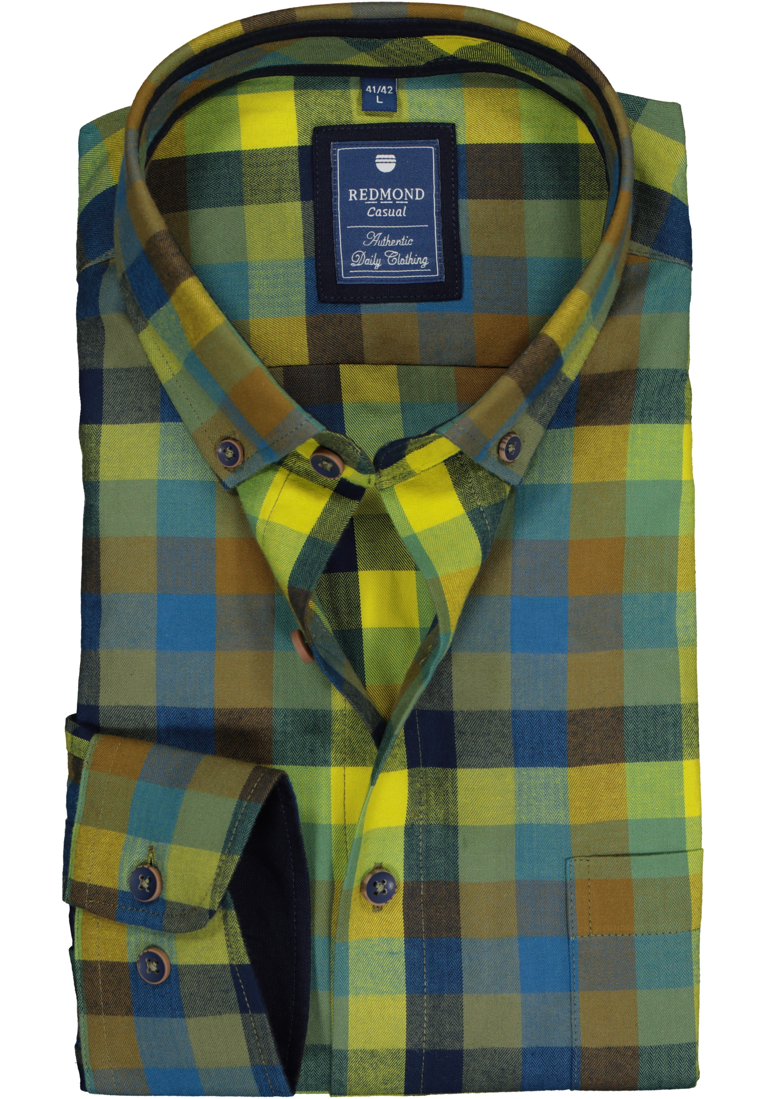 Redmond regular fit overhemd, visgraad, blauw met groen en geel geruit (contrast)