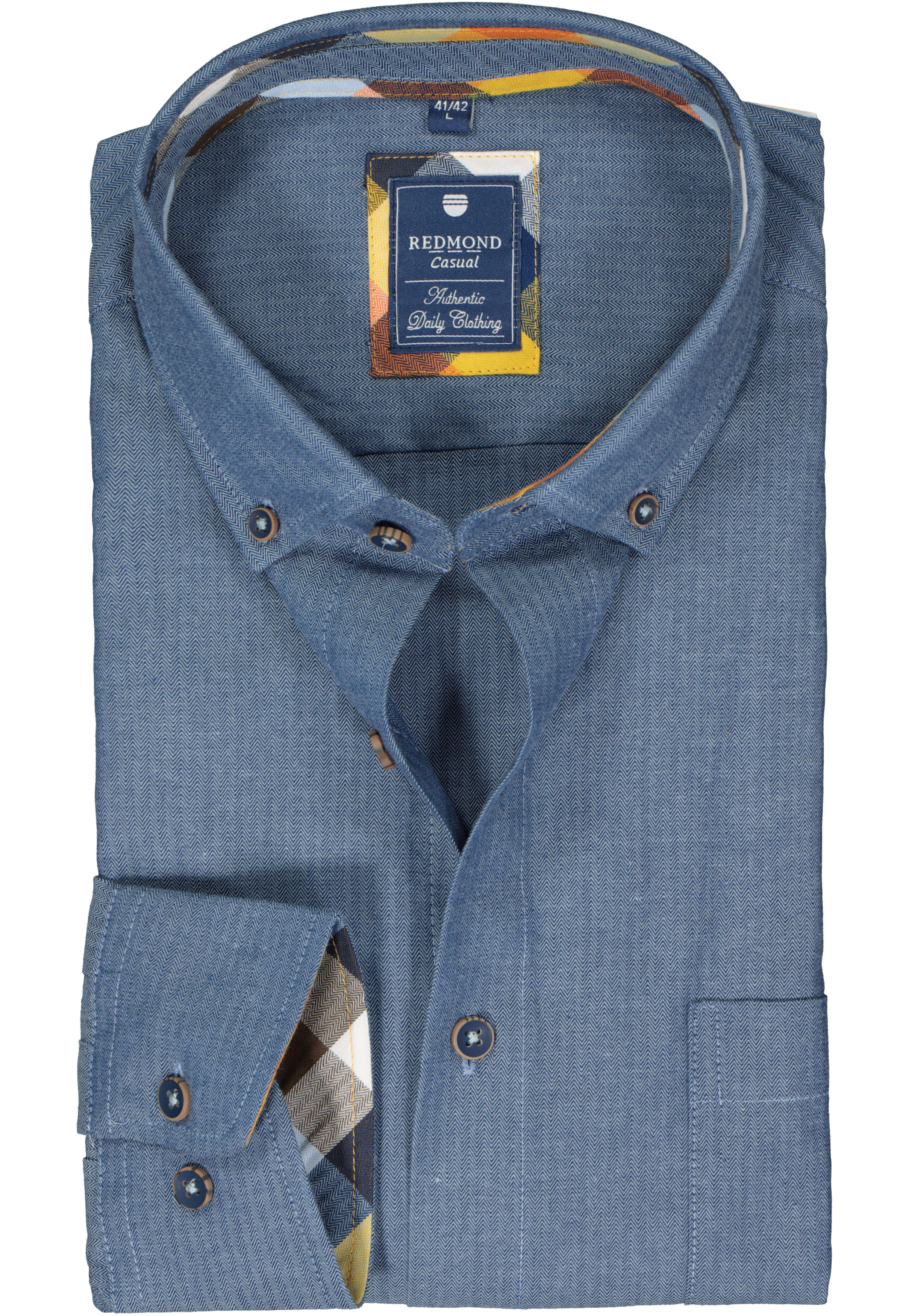 Redmond regular fit overhemd, herringbone, middenblauw
