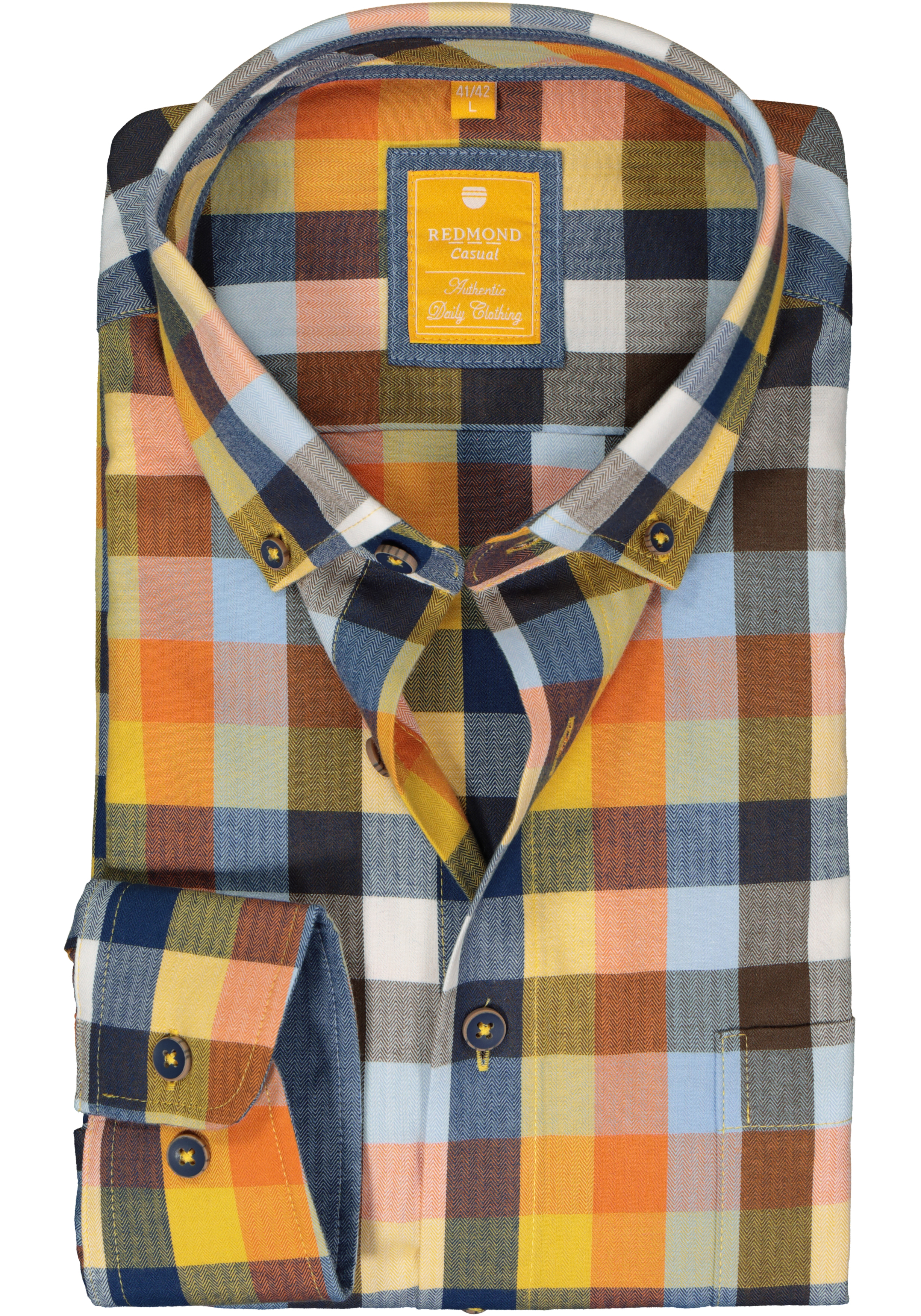 Redmond modern fit overhemd, herringbone, blauw, oranje en geel geruit