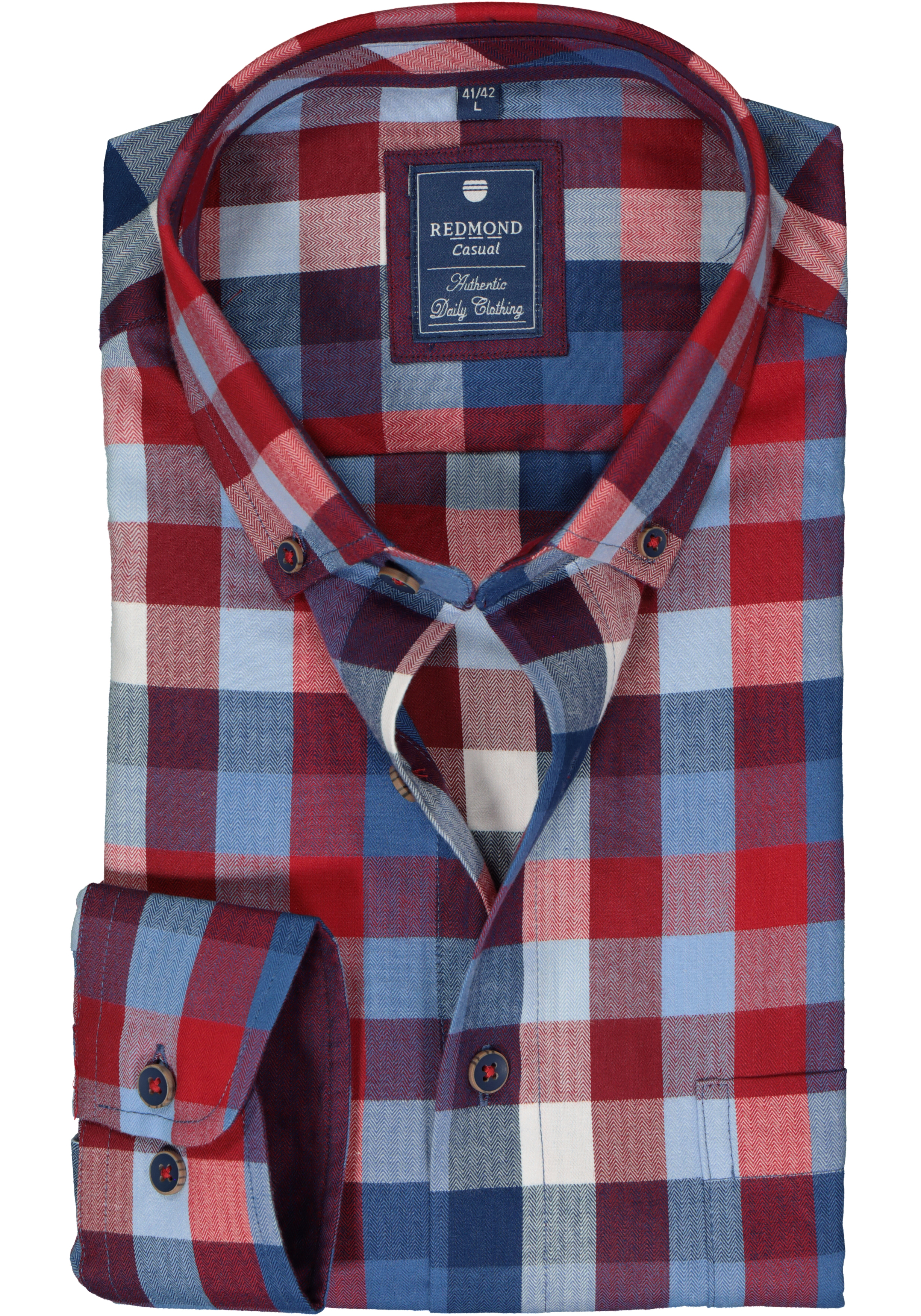 Redmond regular fit overhemd, herringbone, blauw met rood en wit geruit