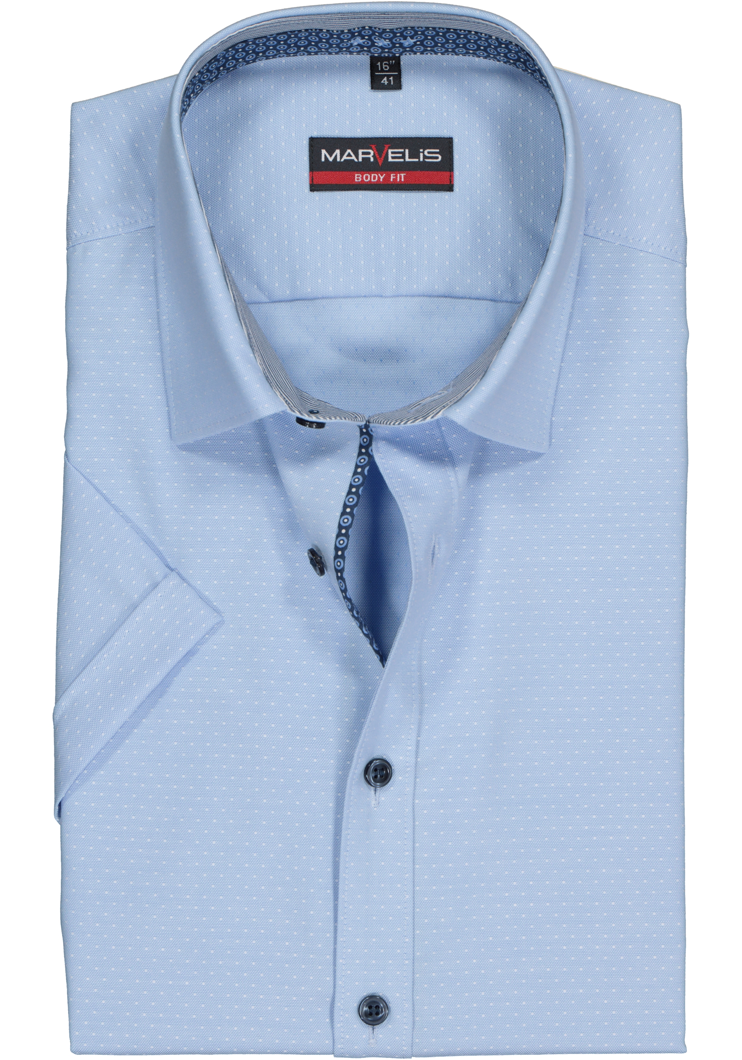 MARVELIS body fit overhemd, korte mouw, lichtblauw met wit gestipt structuur (contrast)