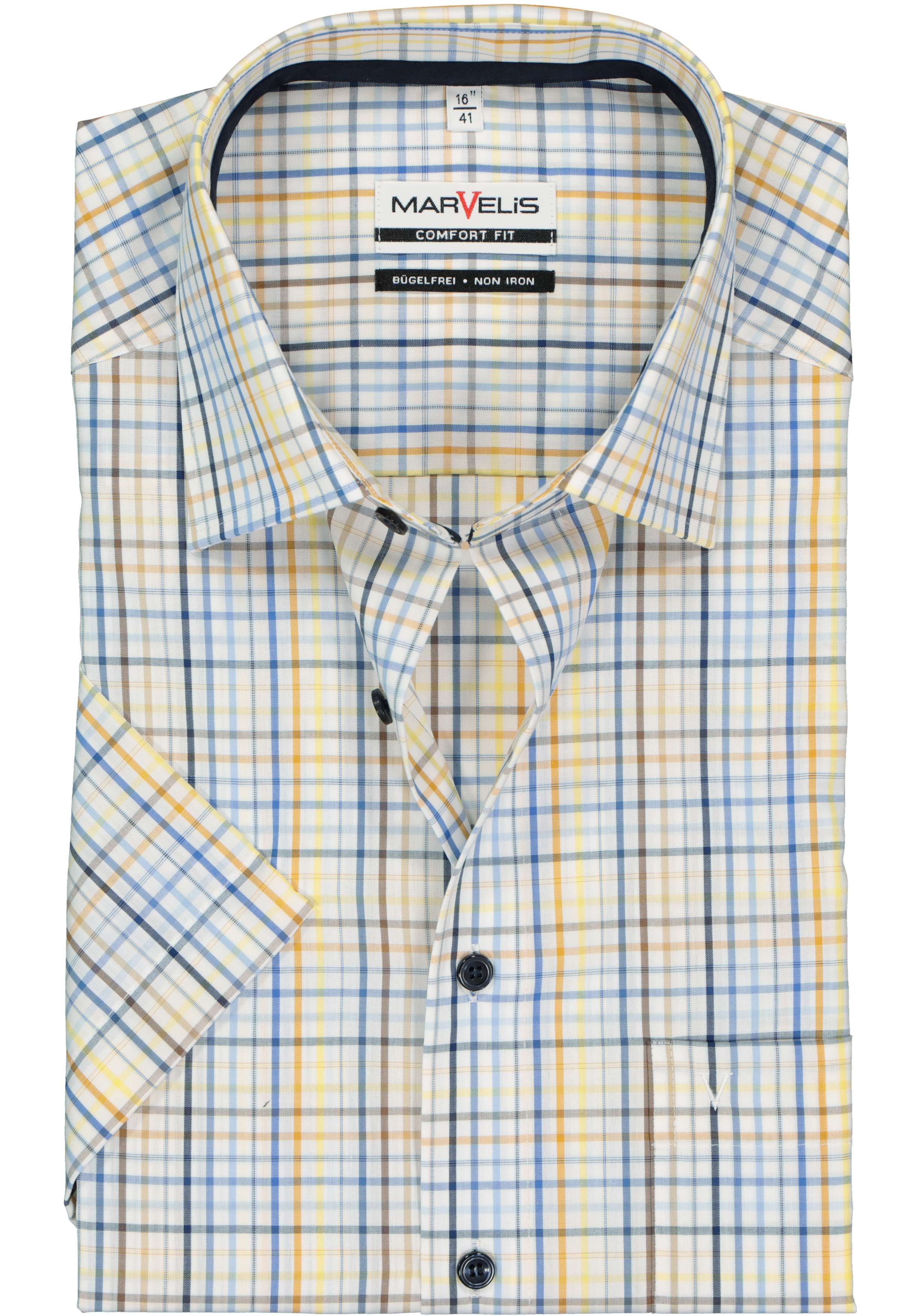 MARVELIS comfort fit overhemd, korte mouw, wit, bruin, blauw en geel geruit (contrast)