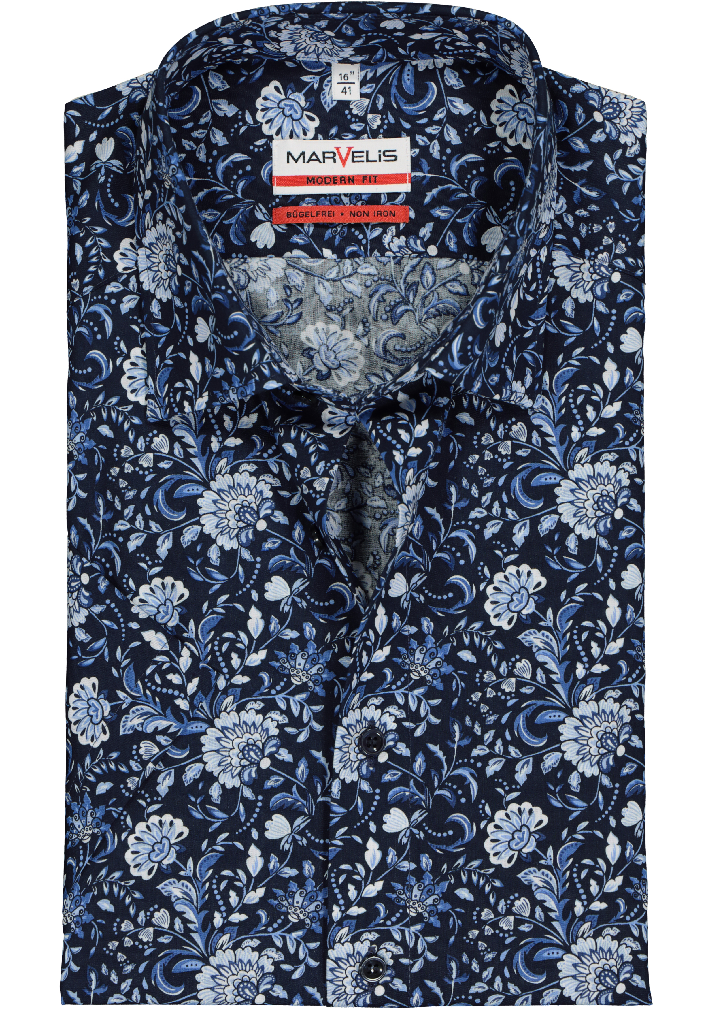 MARVELIS modern fit overhemd, korte mouw, popeline, blauw bloemen dessin