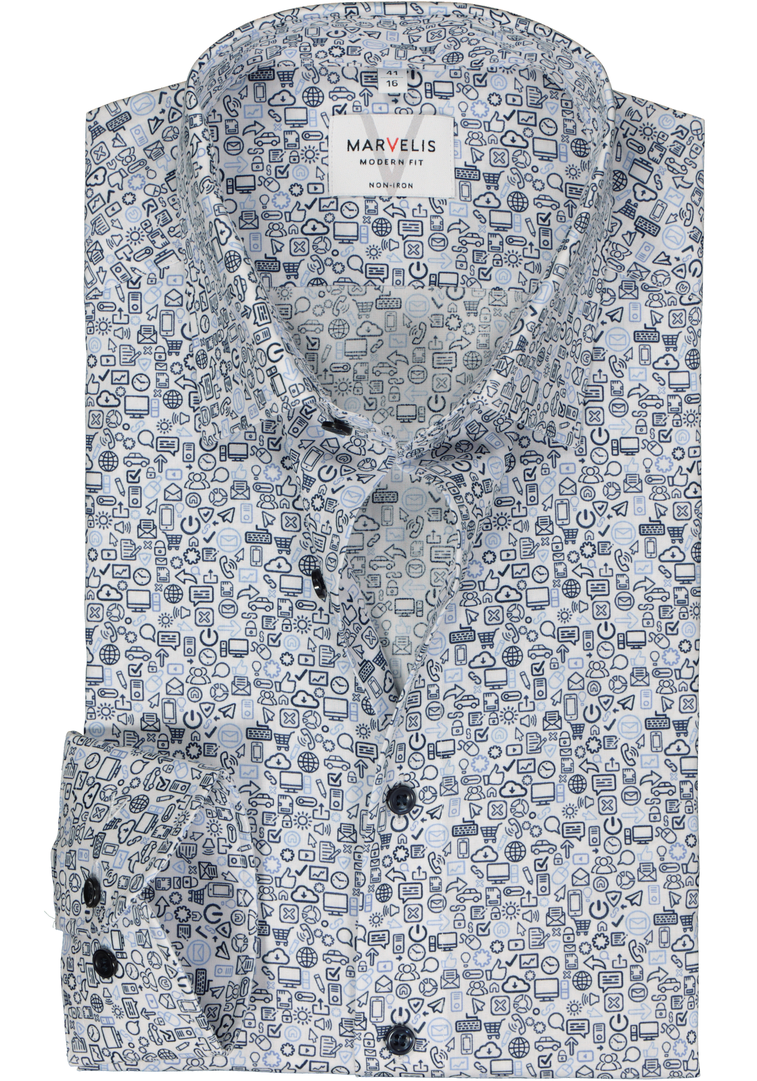 MARVELIS modern fit overhemd, mouwlengte 7, popeline, wit met blauw dessin
