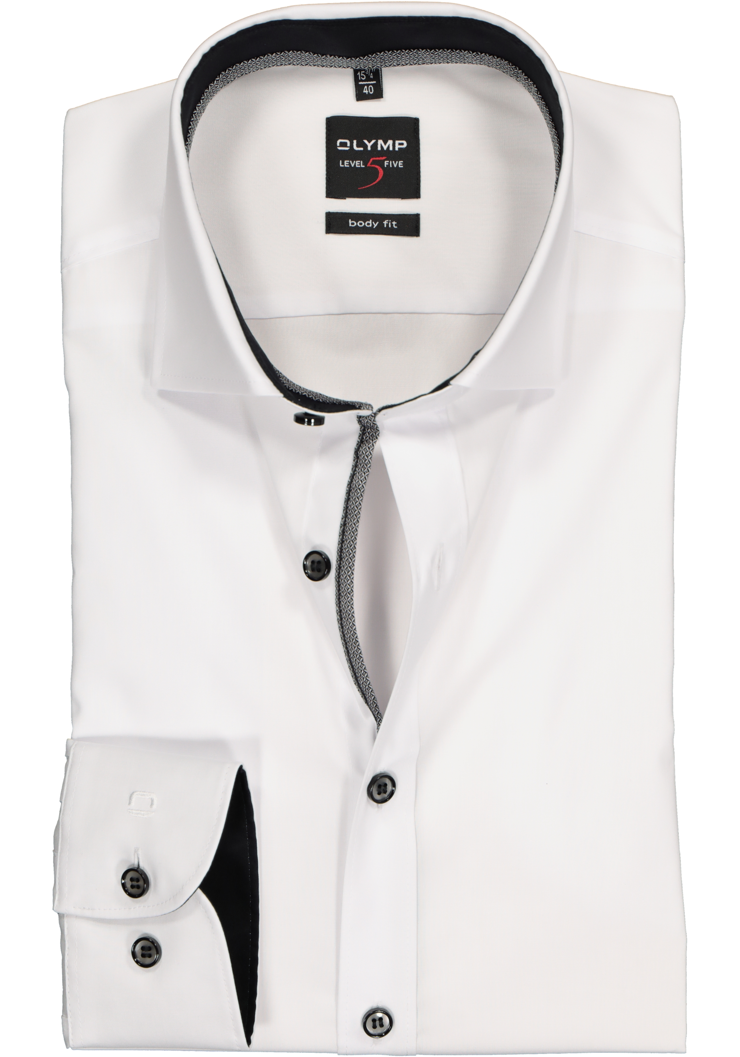OLYMP Level 5 body fit overhemd, mouwlengte 7, wit (zwart contrast)
