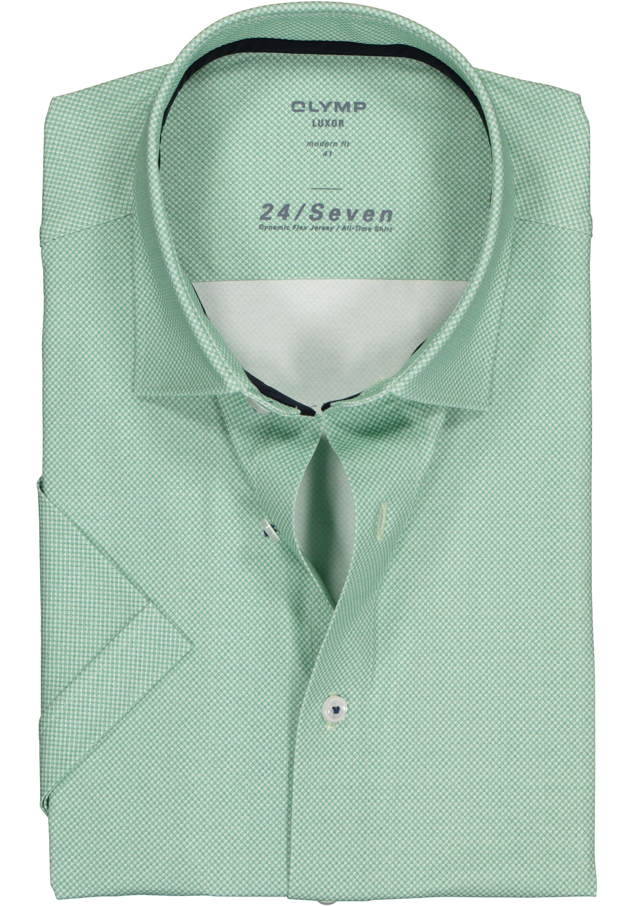 OLYMP Luxor 24/Seven modern fit overhemd, korte mouw, groen tricot mini dessin