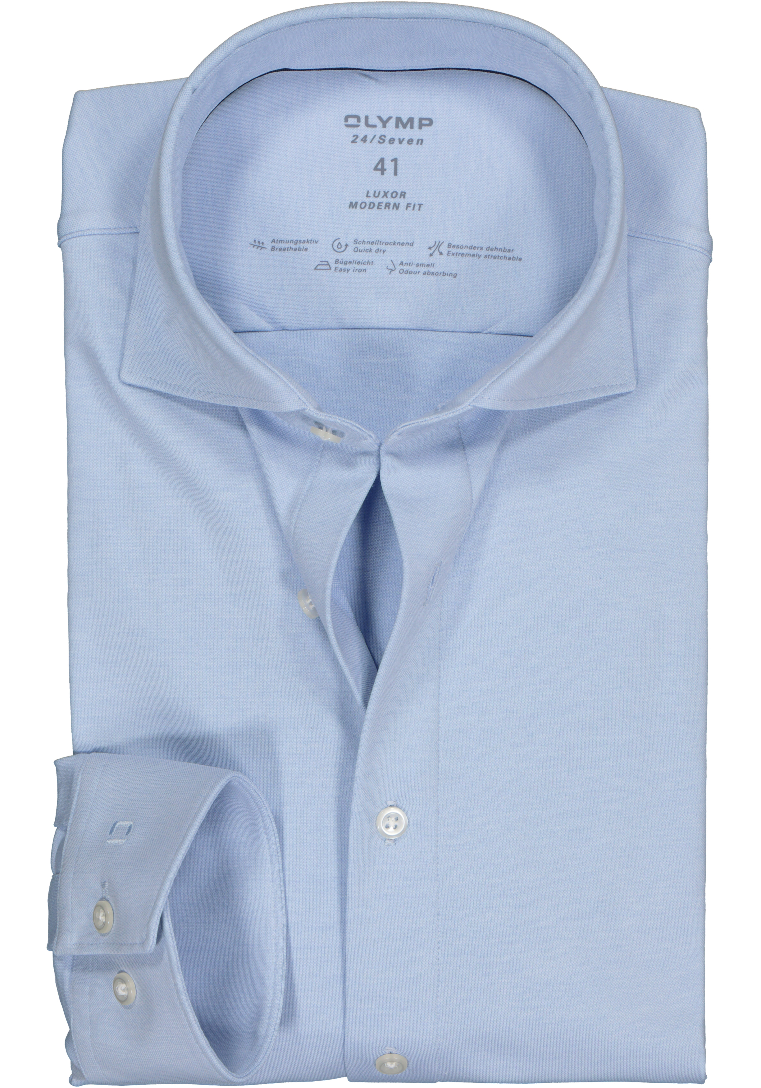 OLYMP Luxor 24/Seven modern fit overhemd, mouwlengte 7, lichtblauw tricot
