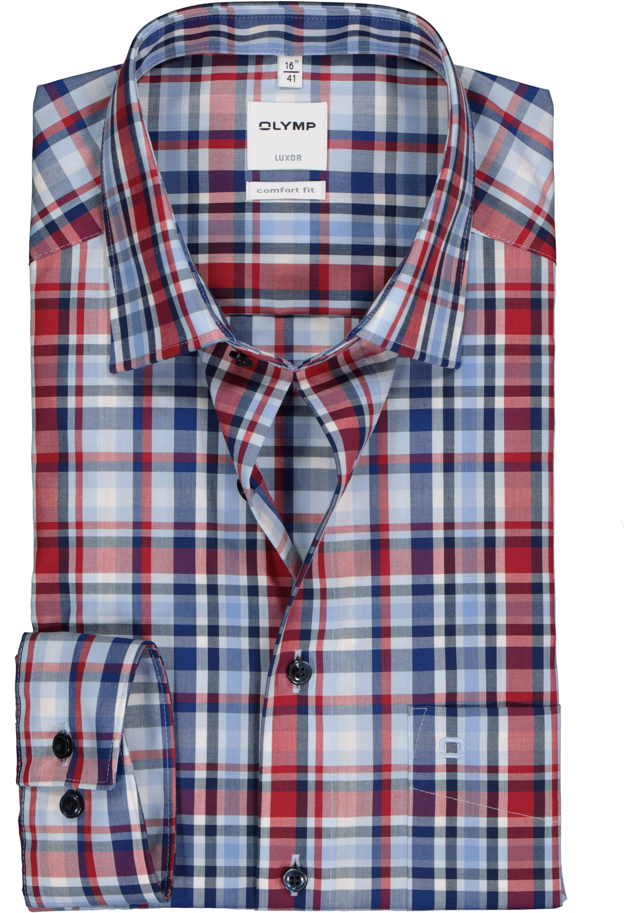 OLYMP Luxor comfort fit overhemd, mouwlengte 7, blauw met rood en wit geruit