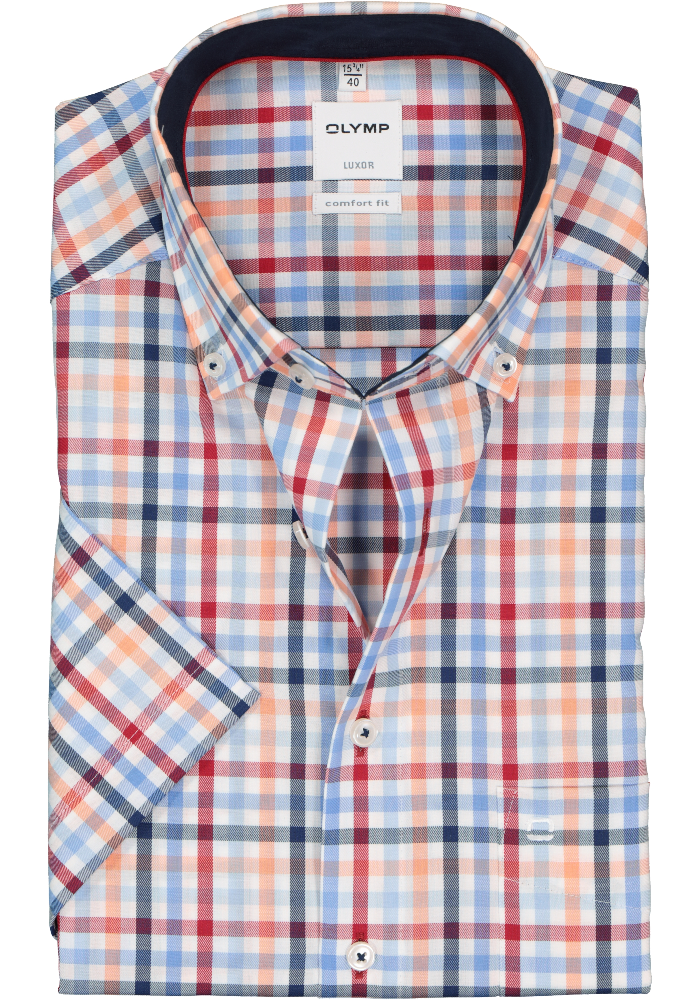 OLYMP Luxor comfort fit overhemd, korte mouw, wit, blauw, rood en oranje geruit (contrast)