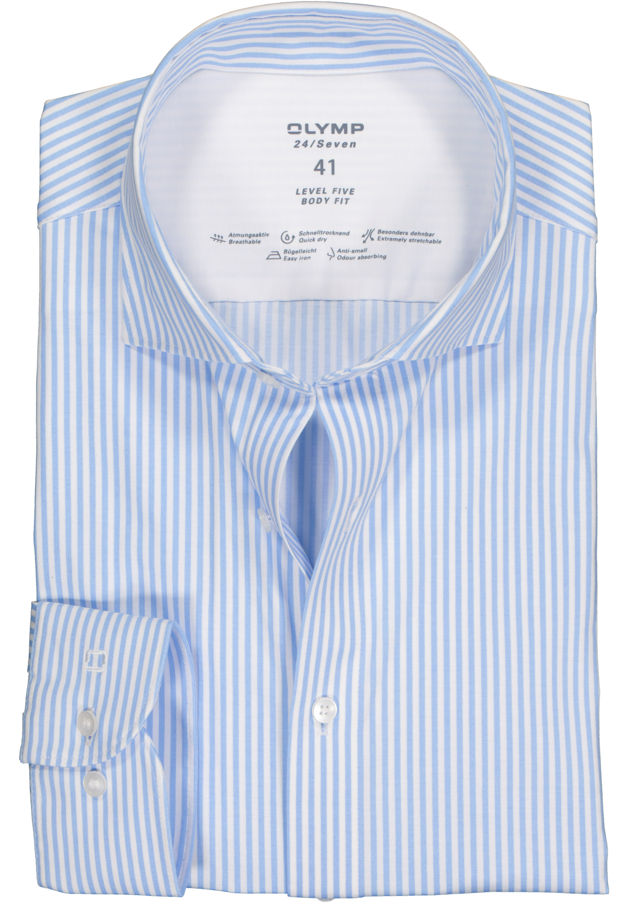 OLYMP Level 5 body fit overhemd 24/7, lichtblauw met wit gestreept tricot
