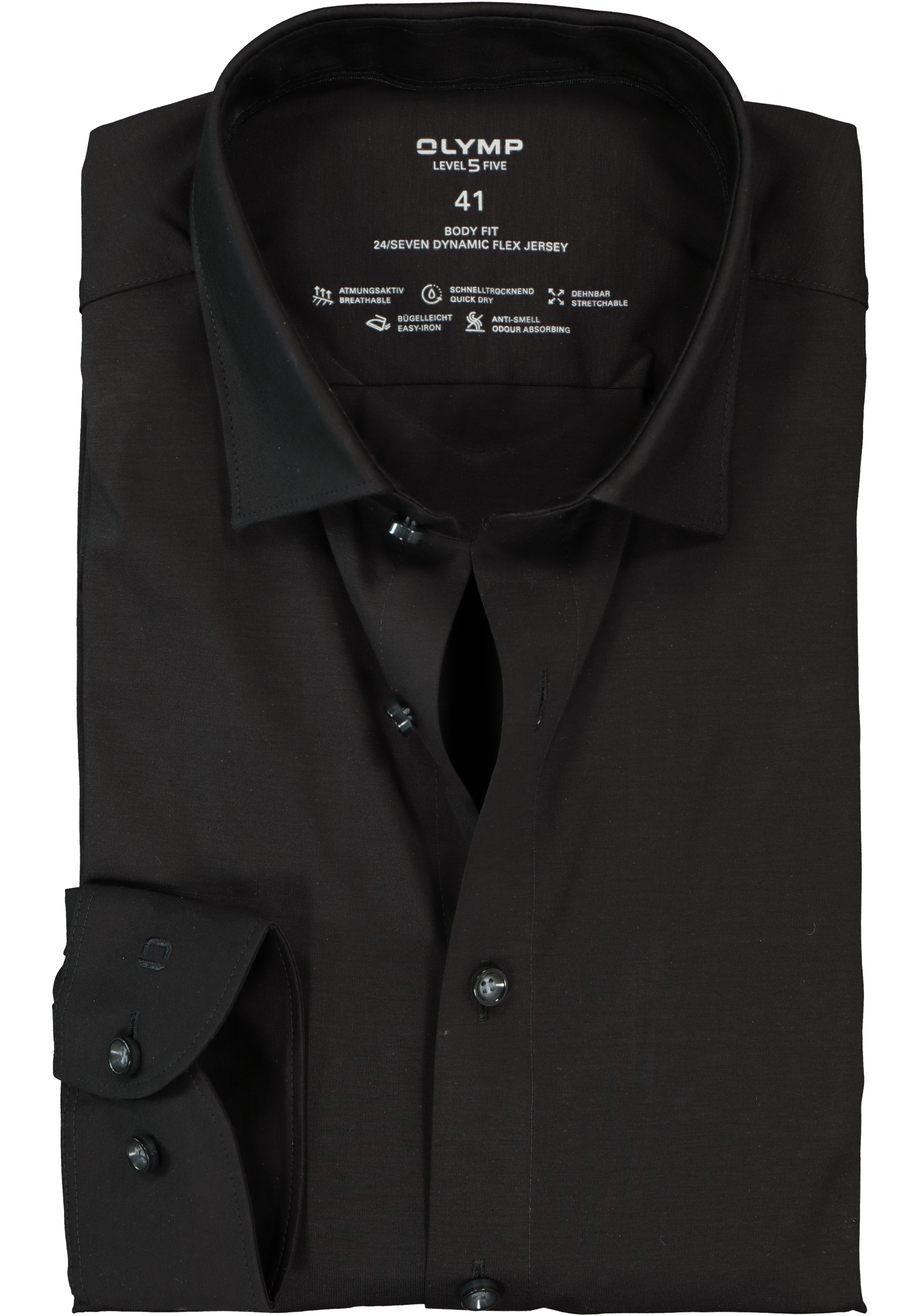 OLYMP Level 5 body fit overhemd 24/7, mouwlengte 7, zwart tricot