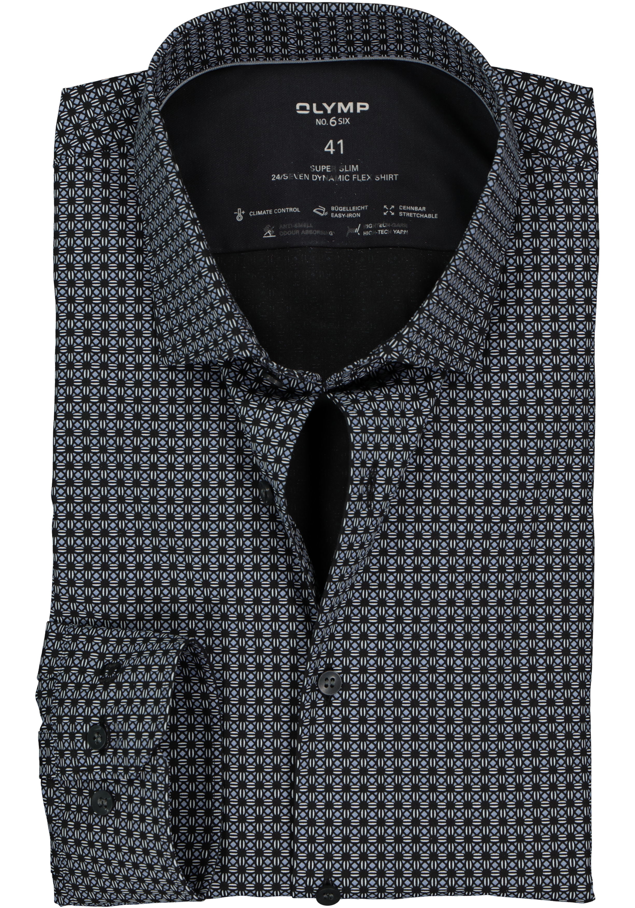 OLYMP No. 6 super slim fit overhemd 24/7, zwart met grijs en wit dessin tricot