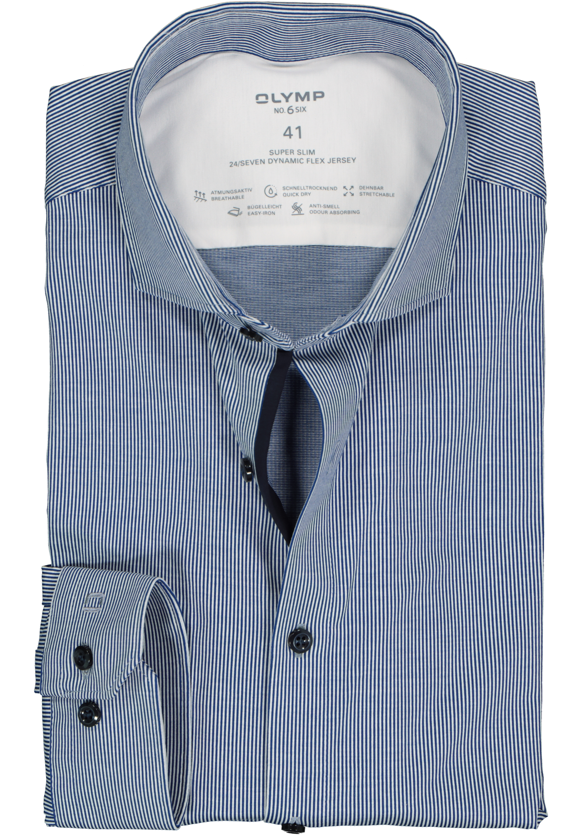 OLYMP No. 6 super slim fit overhemd 24/7, donkerblauw met wit gestreept tricot