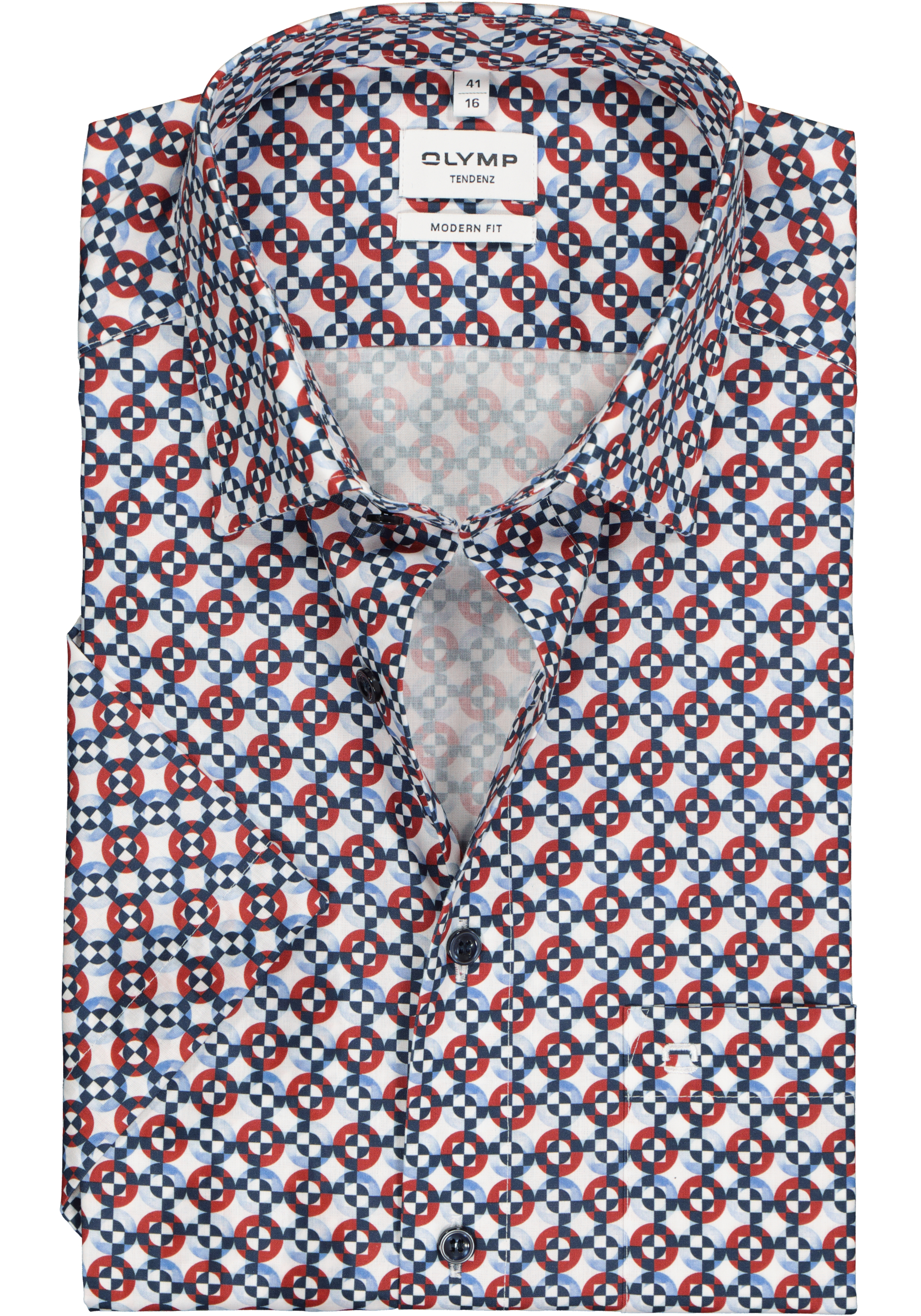 OLYMP modern fit overhemd, korte mouw, popeline, wit met blauw en rood dessin (contrast)