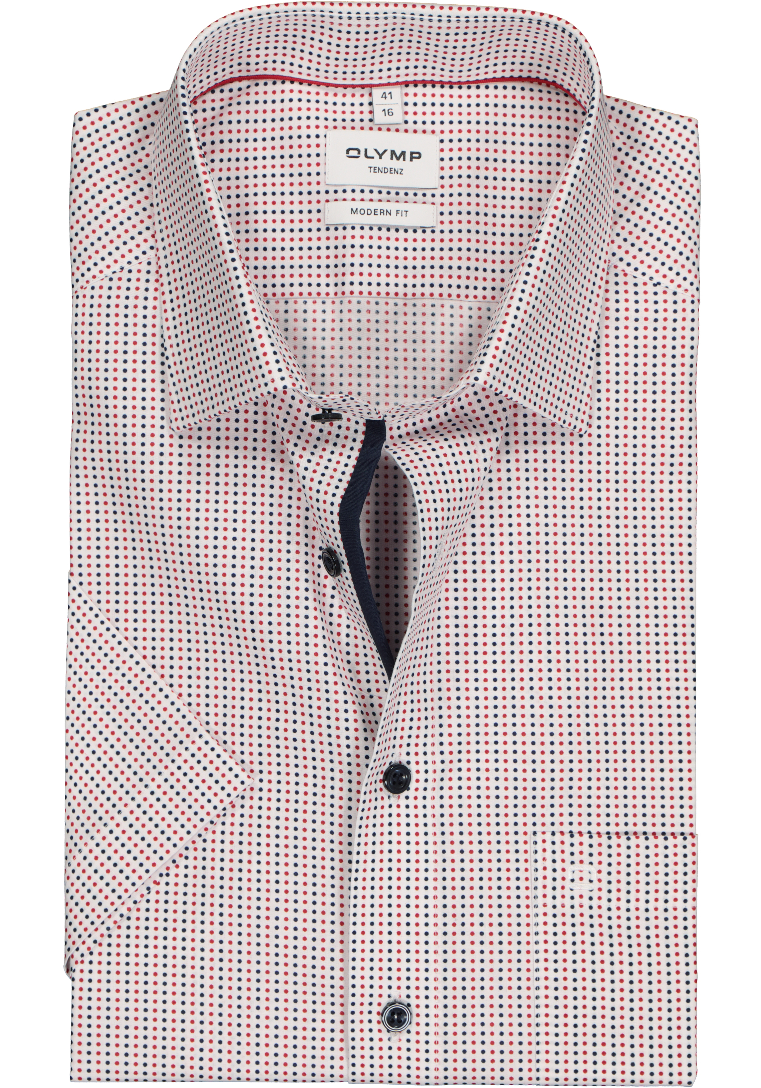 OLYMP modern fit overhemd, korte mouw, popeline, wit met rood en blauw gestipt (contrast)