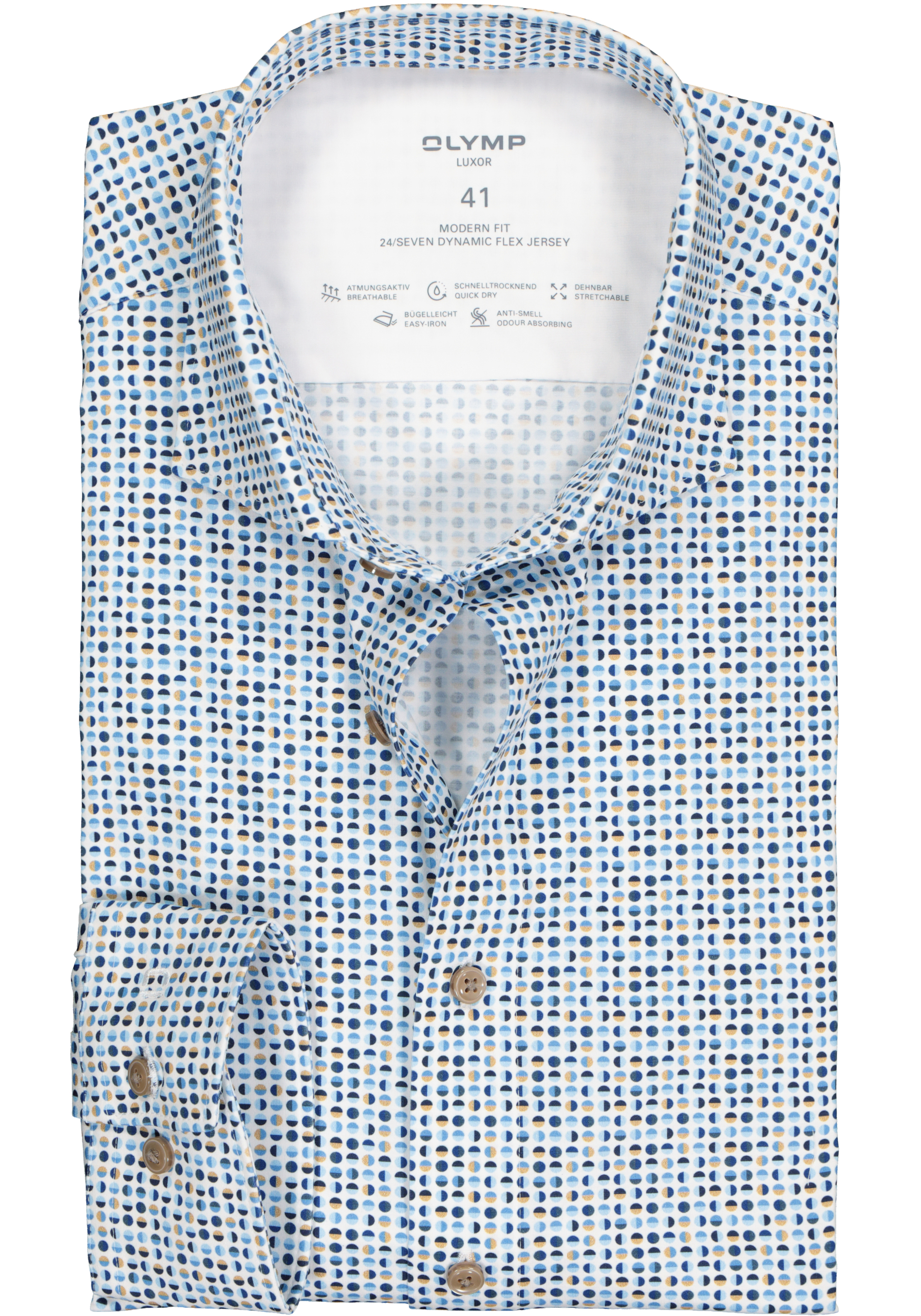 OLYMP 24/7 modern fit overhemd, tricot, wit met blauw en beige dessin (contrast)