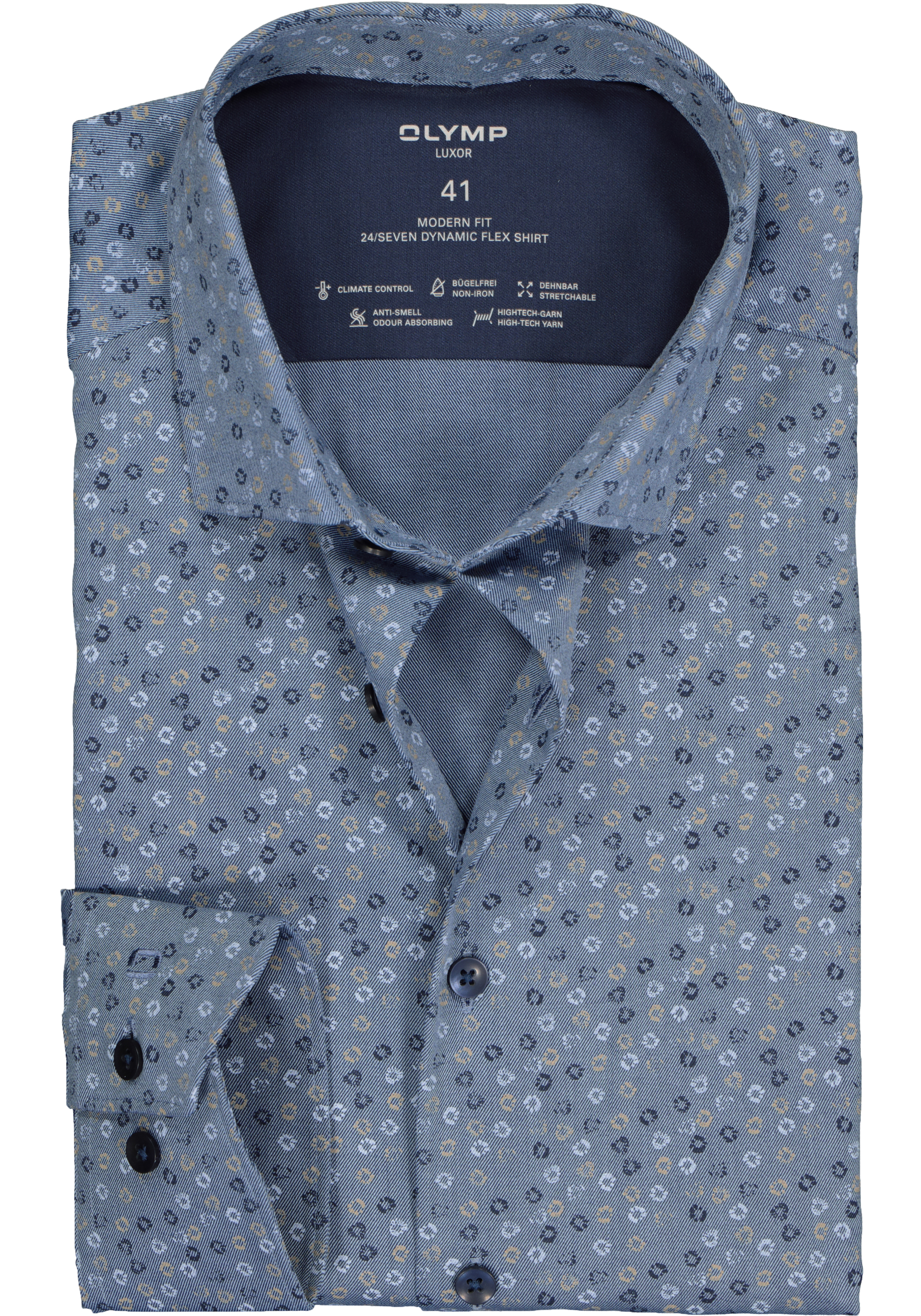 OLYMP 24/7 modern fit overhemd, twill, blauw met beige dessin (contrast)