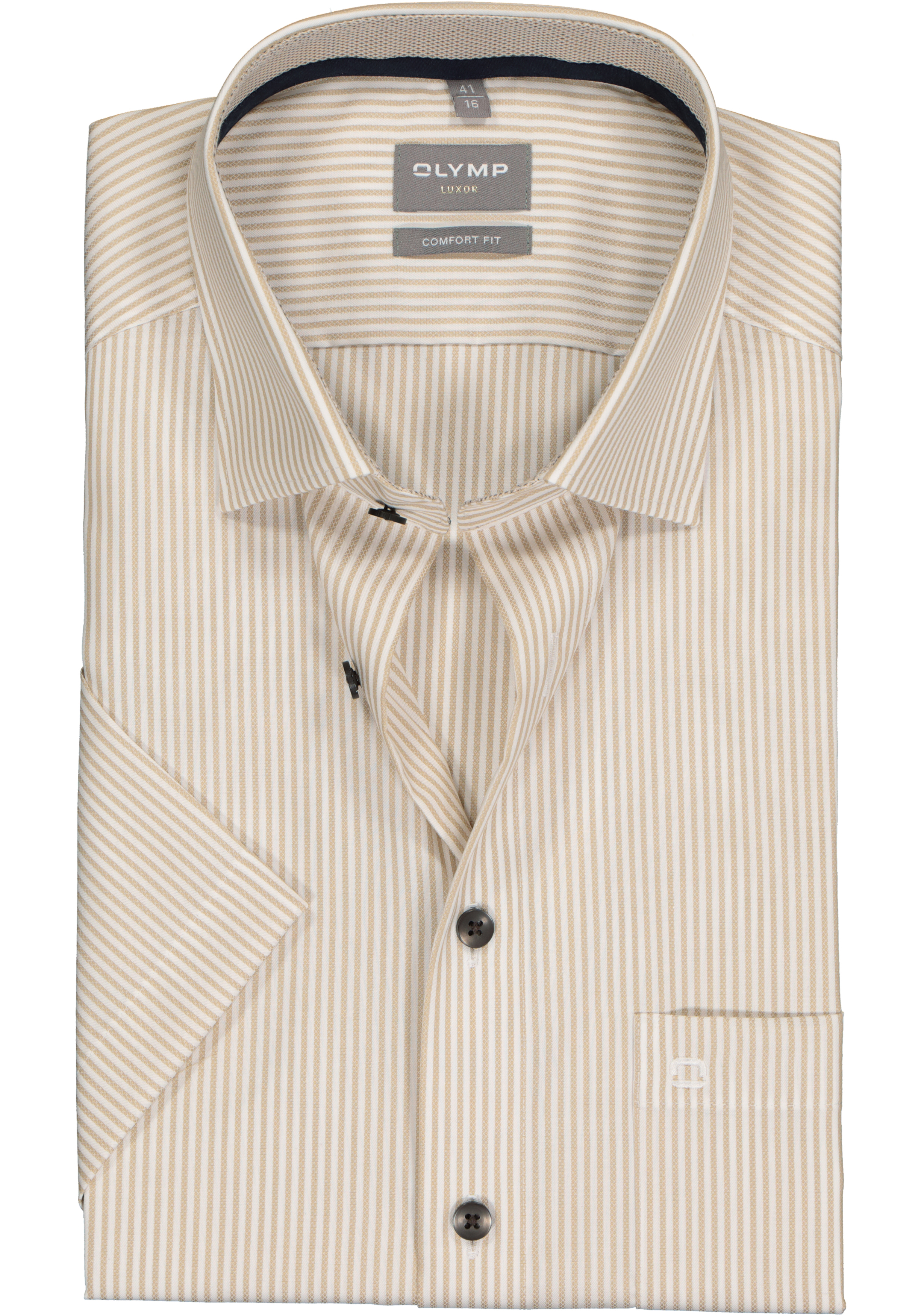 OLYMP comfort fit overhemd, korte mouw, structuur, beige met wit gestreept (contrast)