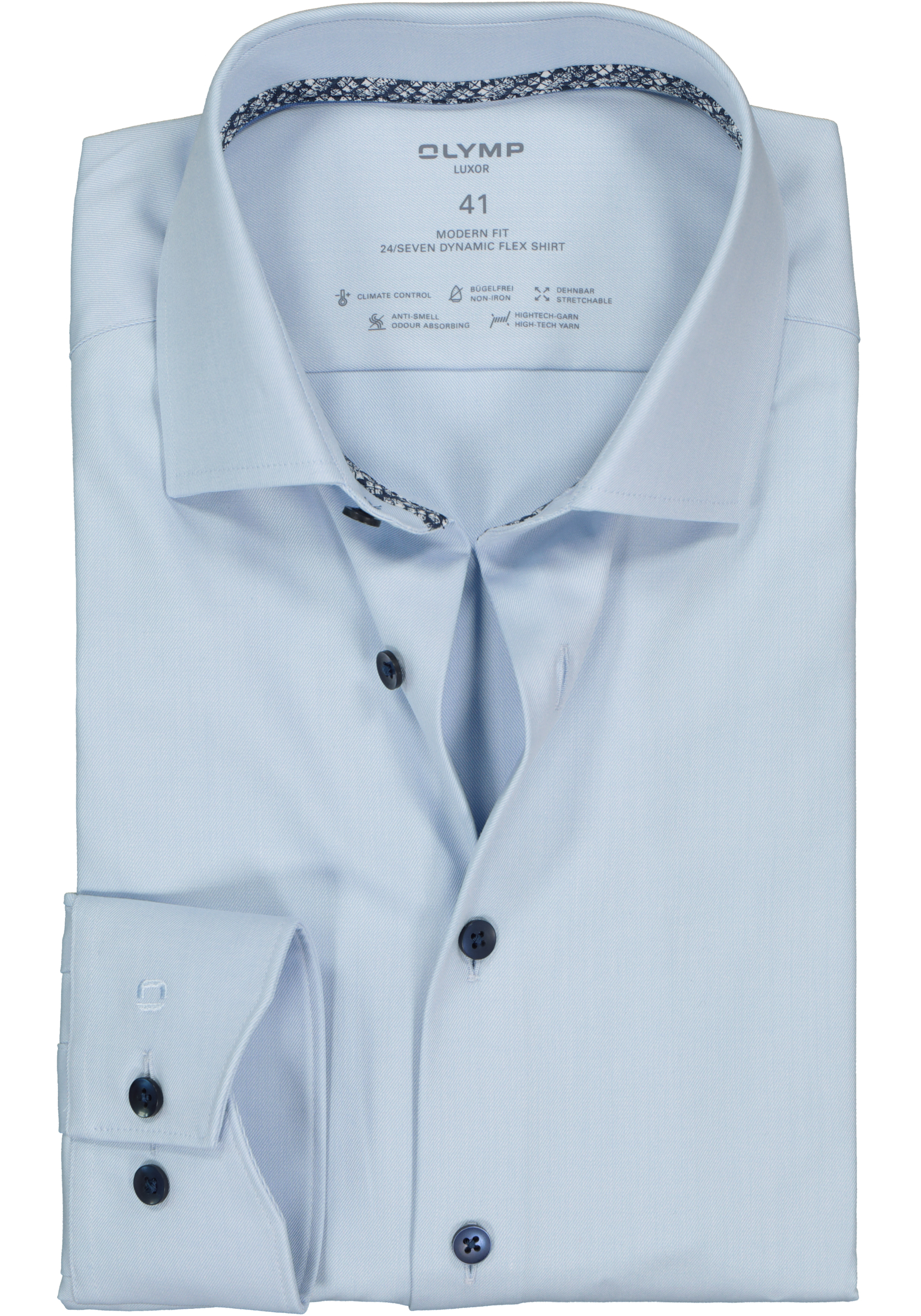 OLYMP 24/7 modern fit overhemd, mouwlengte 7, twill, lichtblauw (contrast)