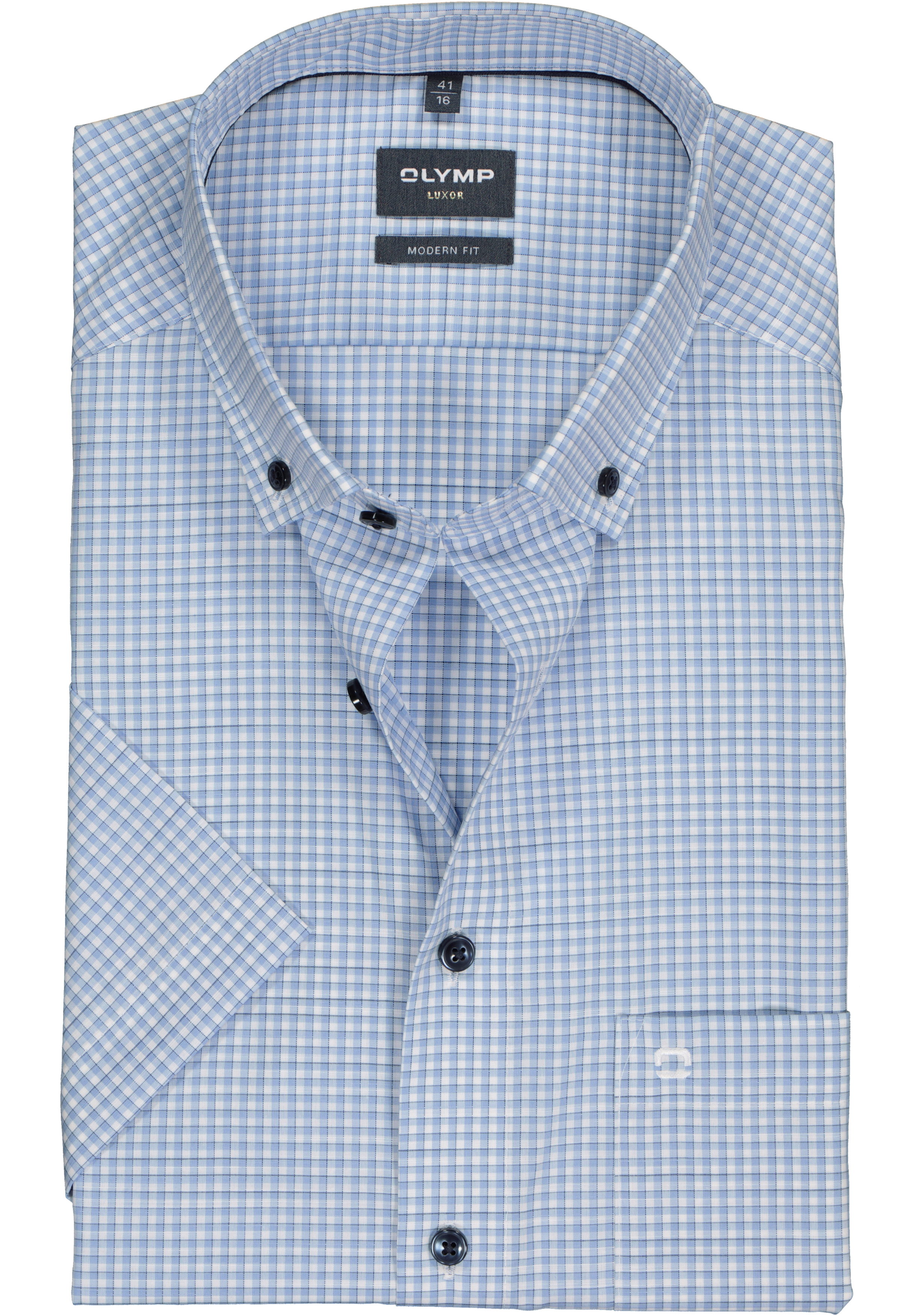OLYMP modern fit overhemd, korte mouw, popeline, lichtblauw met wit geruit