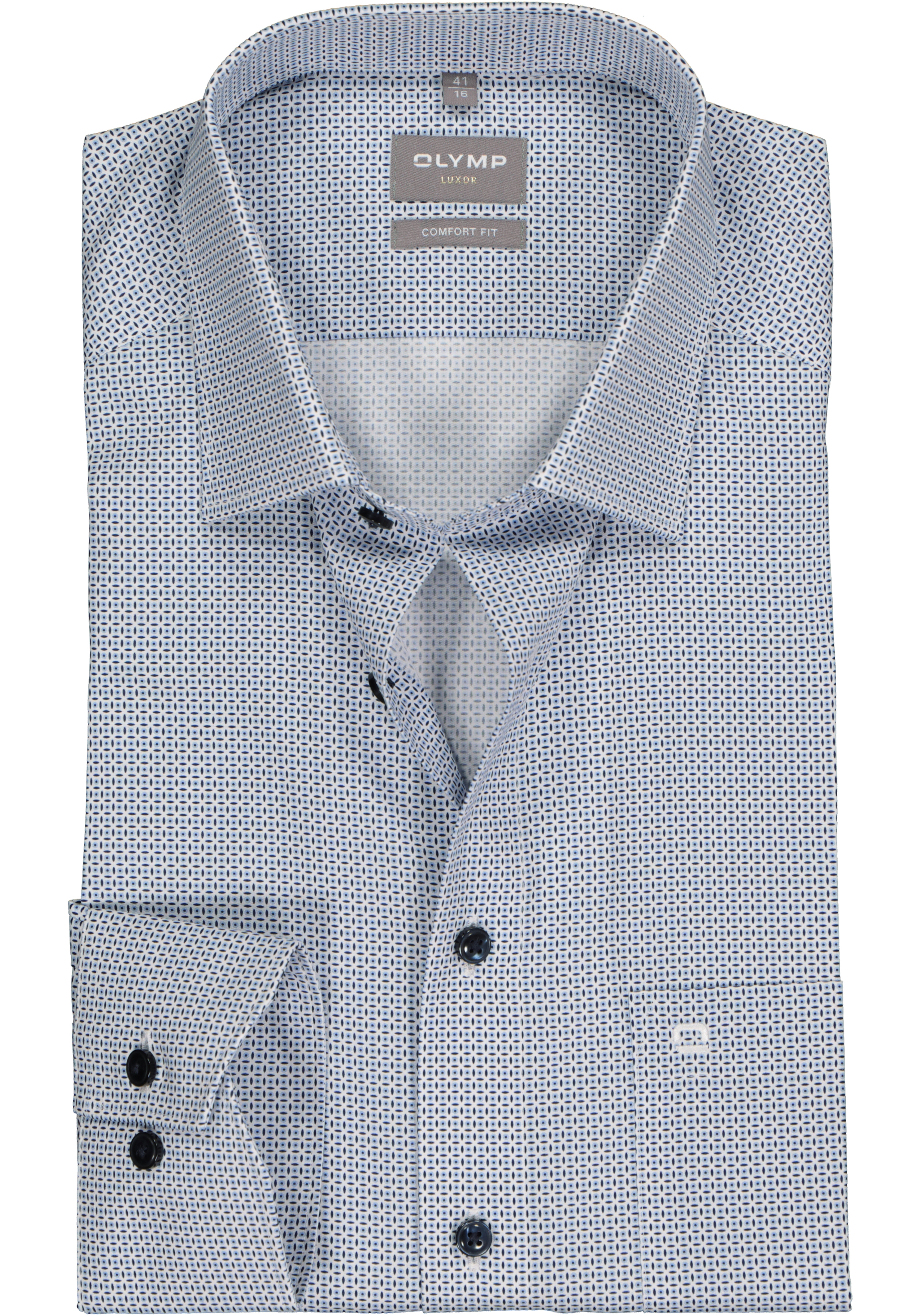 OLYMP comfort fit overhemd, popeline, wit met licht- en donkerblauw dessin