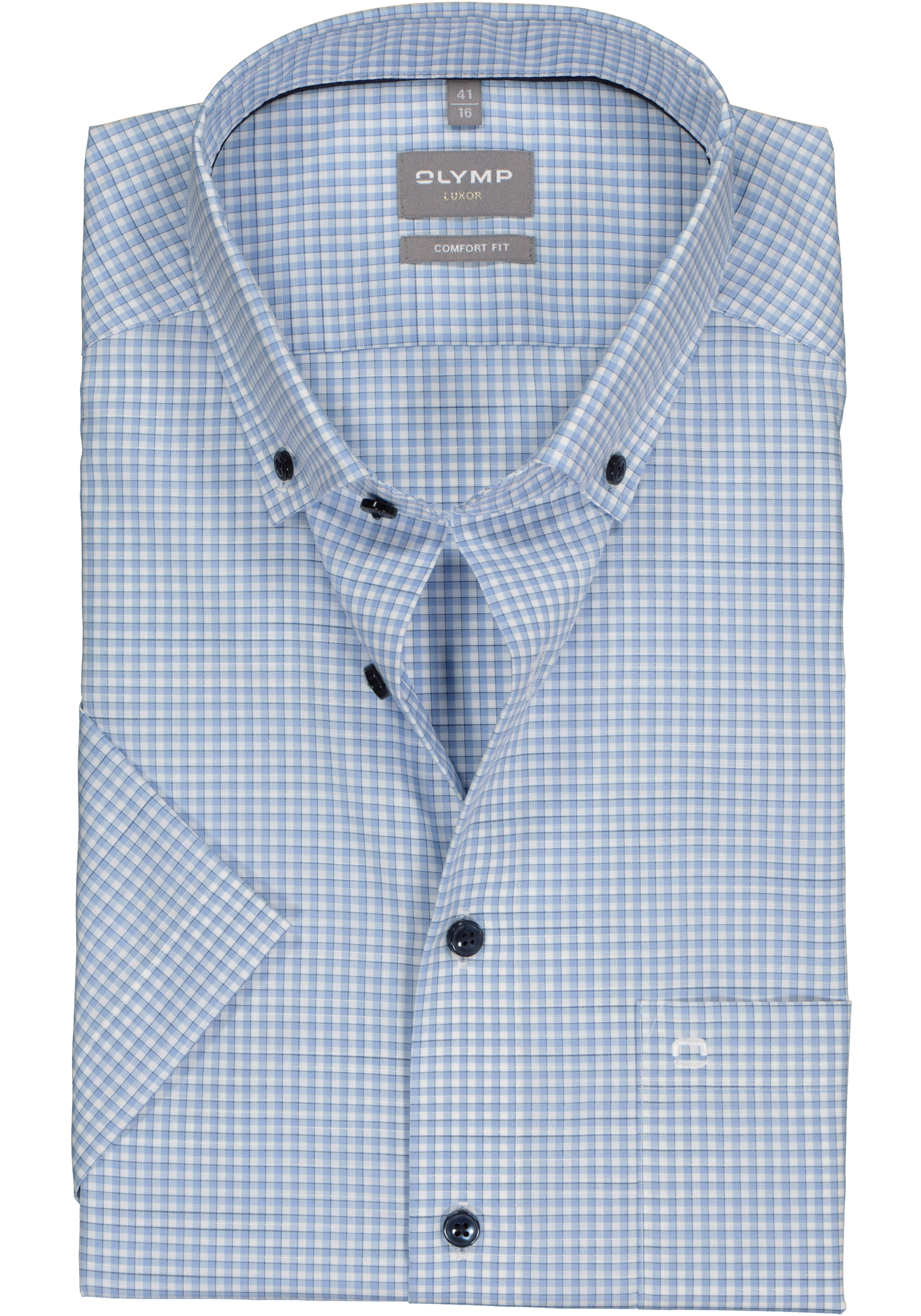 OLYMP comfort fit overhemd, korte mouw, popeline, lichtblauw met wit geruit