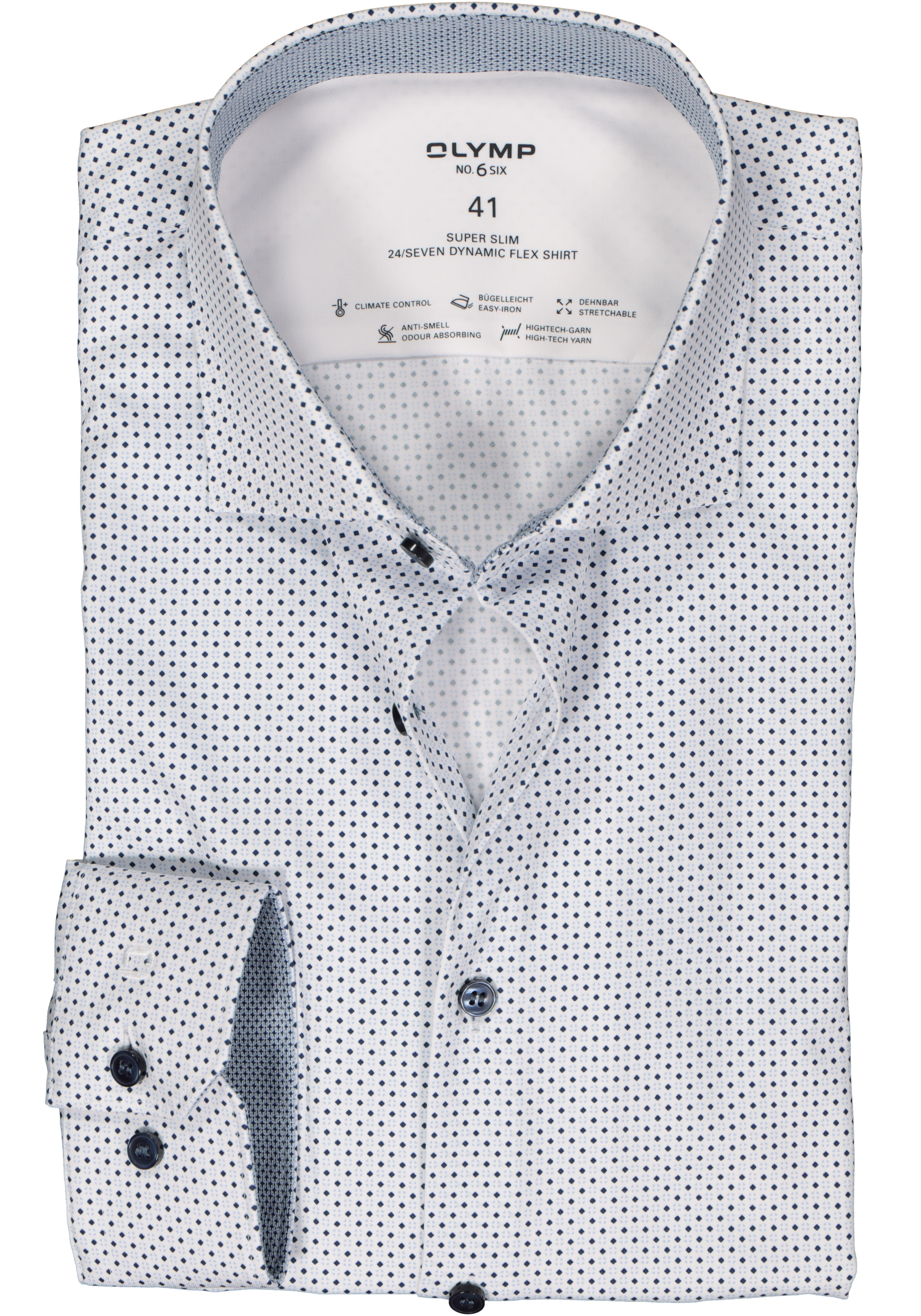 OLYMP 24/7 No. 6 Six super slim fit overhemd, tricot, wit met blauw dessin
