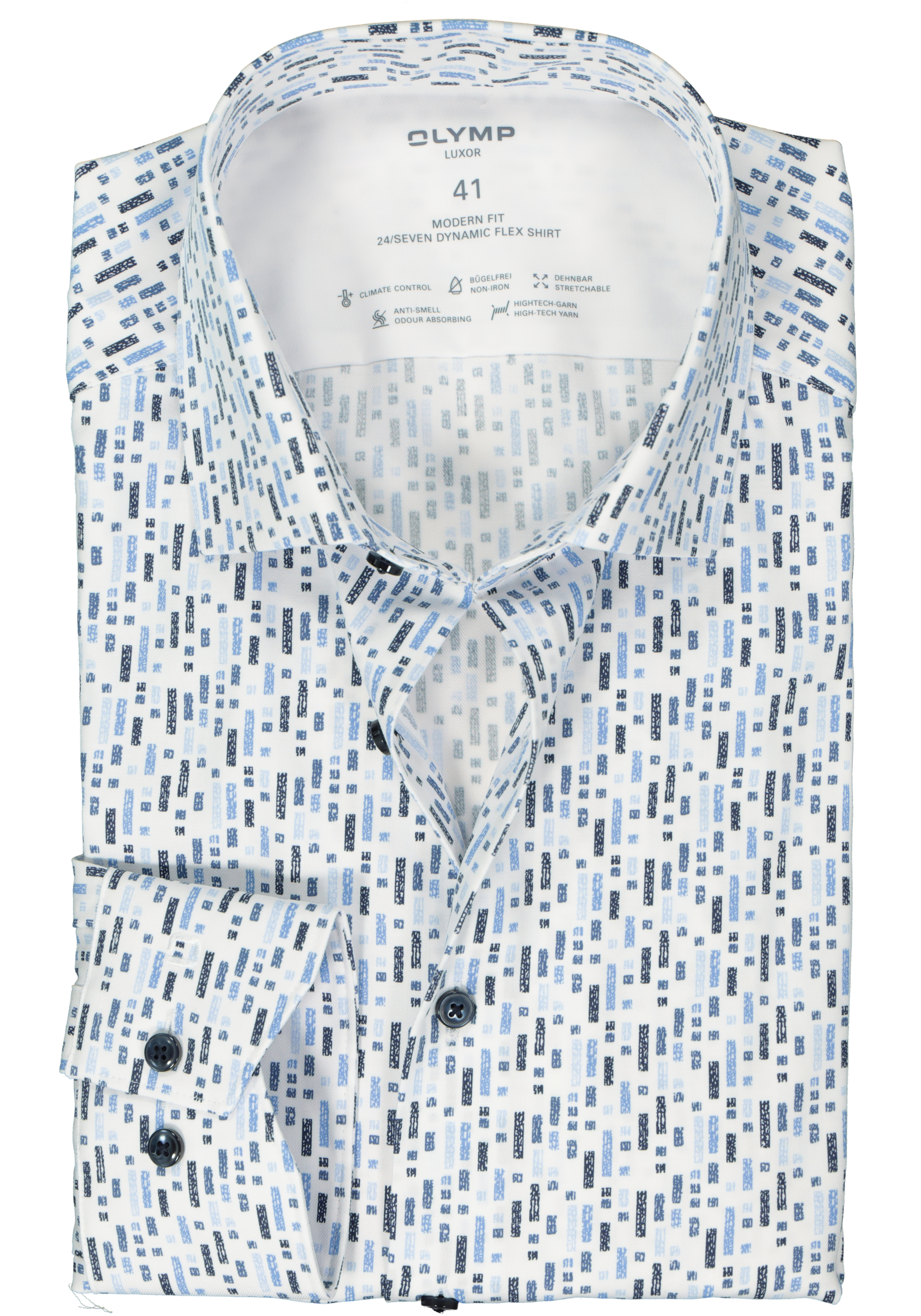 OLYMP 24/7 modern fit overhemd, twill, wit met blauw dessin