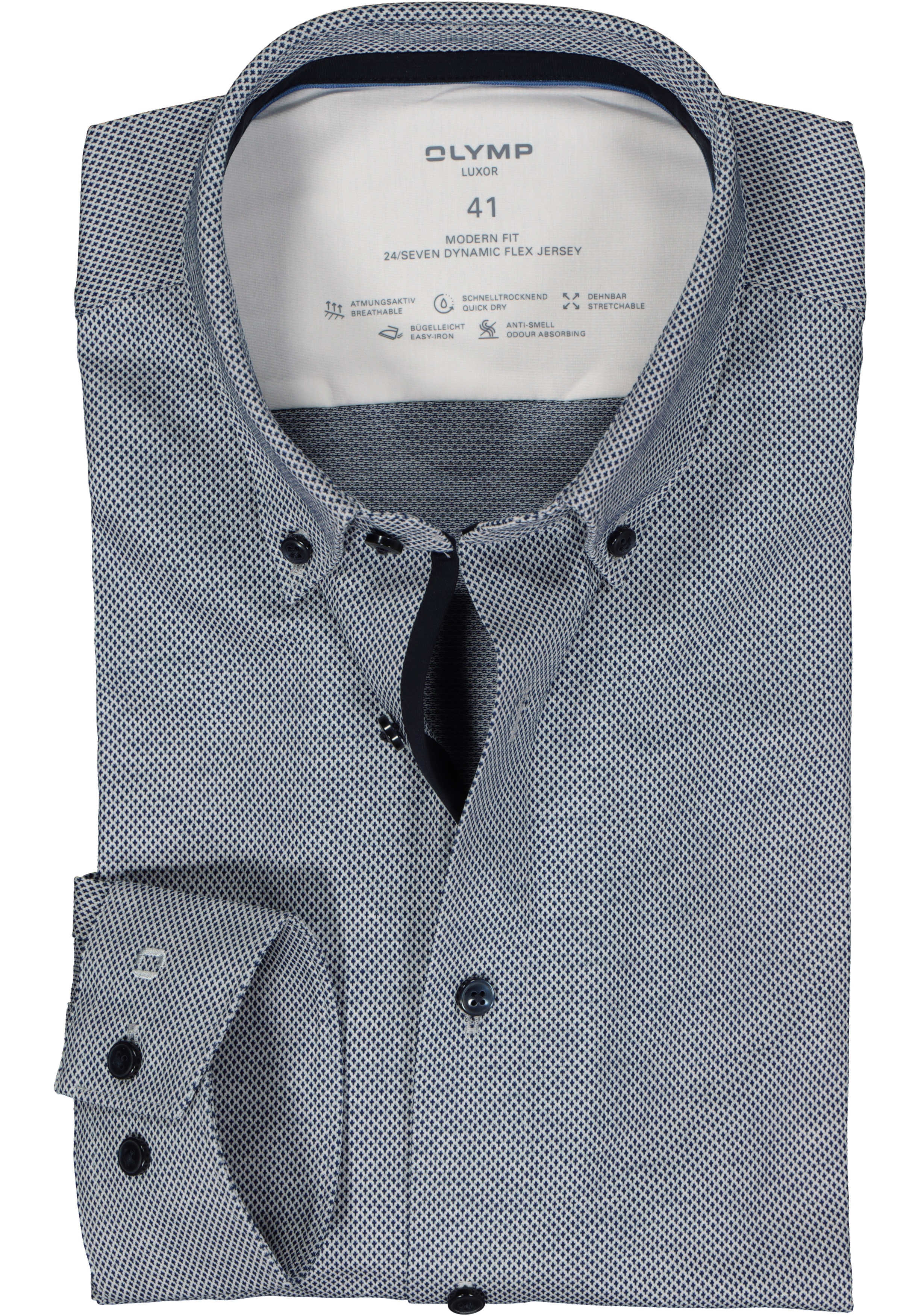OLYMP 24/7 modern fit overhemd, tricot, donkerblauw met wit mini dessin