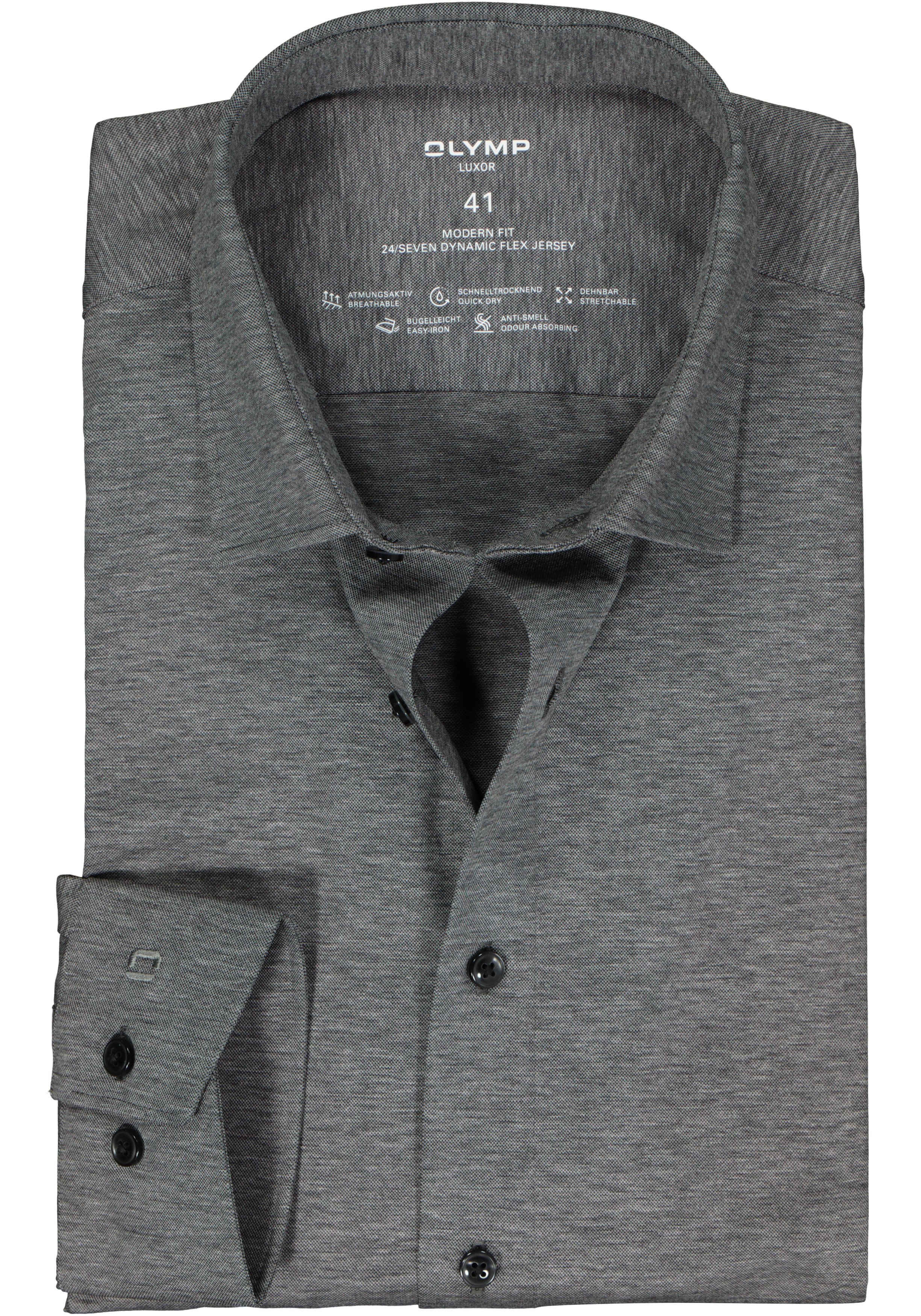 OLYMP 24/7 modern fit overhemd, tricot, antraciet grijs