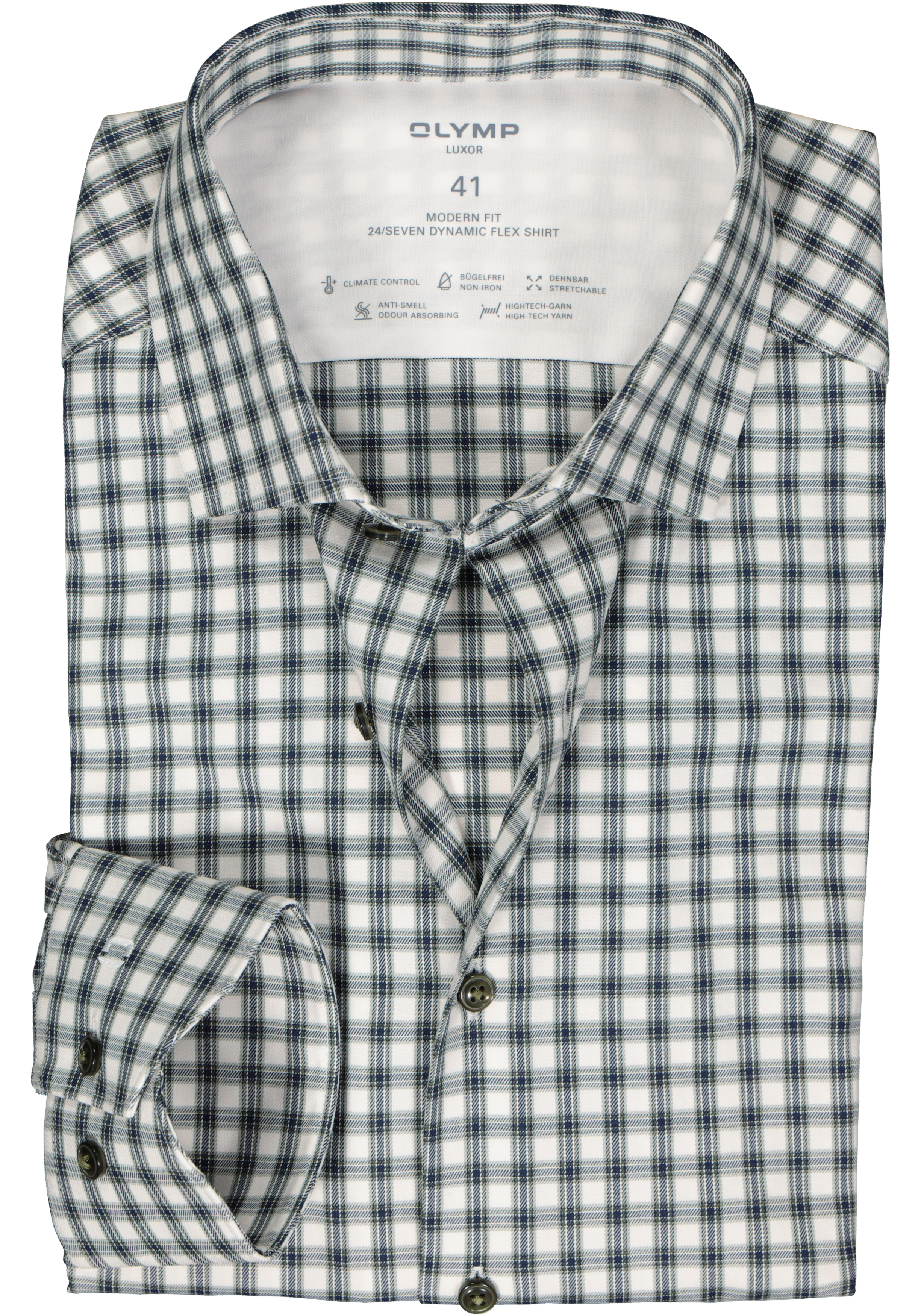 OLYMP 24/7 modern fit overhemd, twill, wit met blauw en olijfgroen geruit