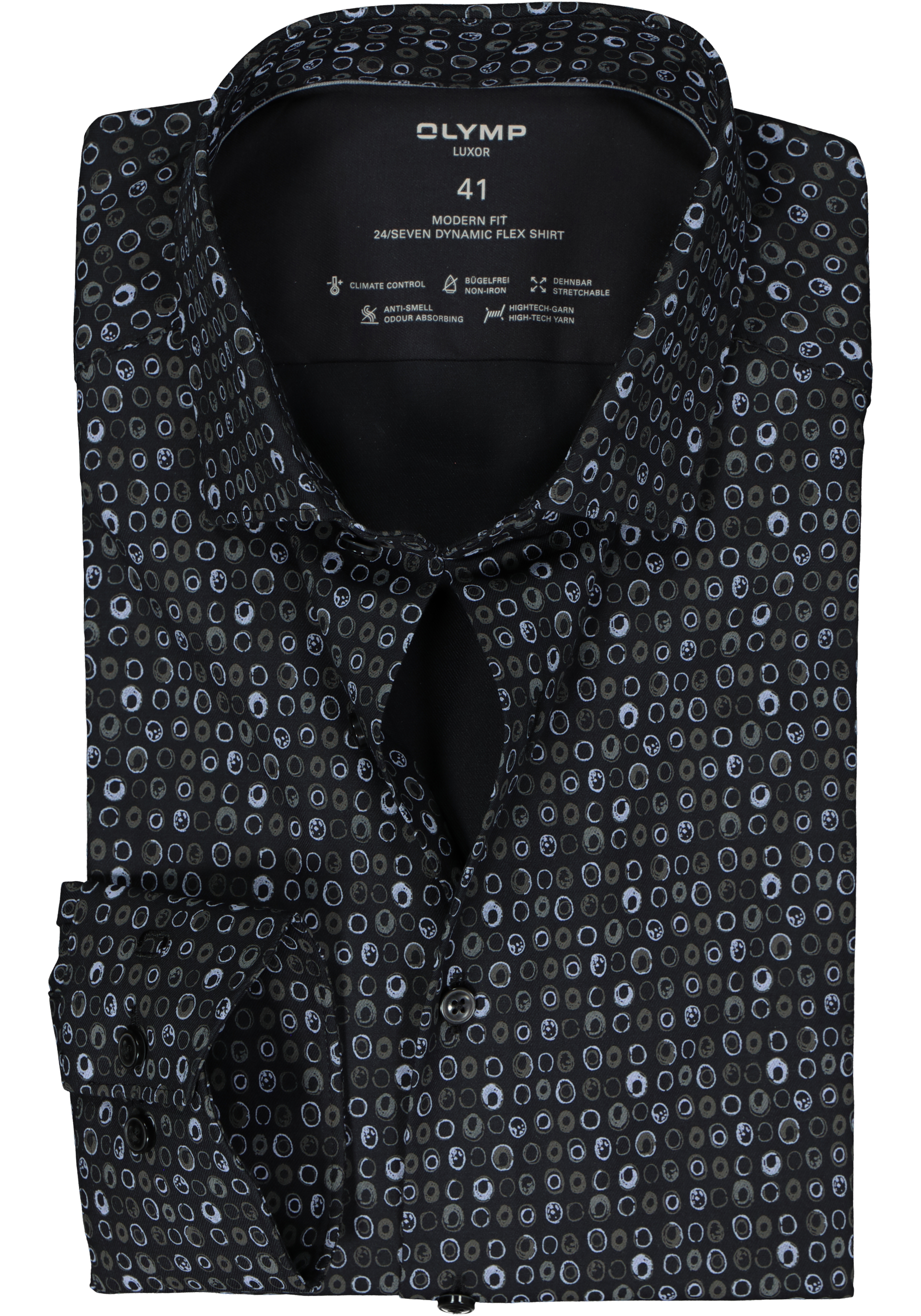 OLYMP 24/7 modern fit overhemd, twill, zwart met grijs en wit dessin