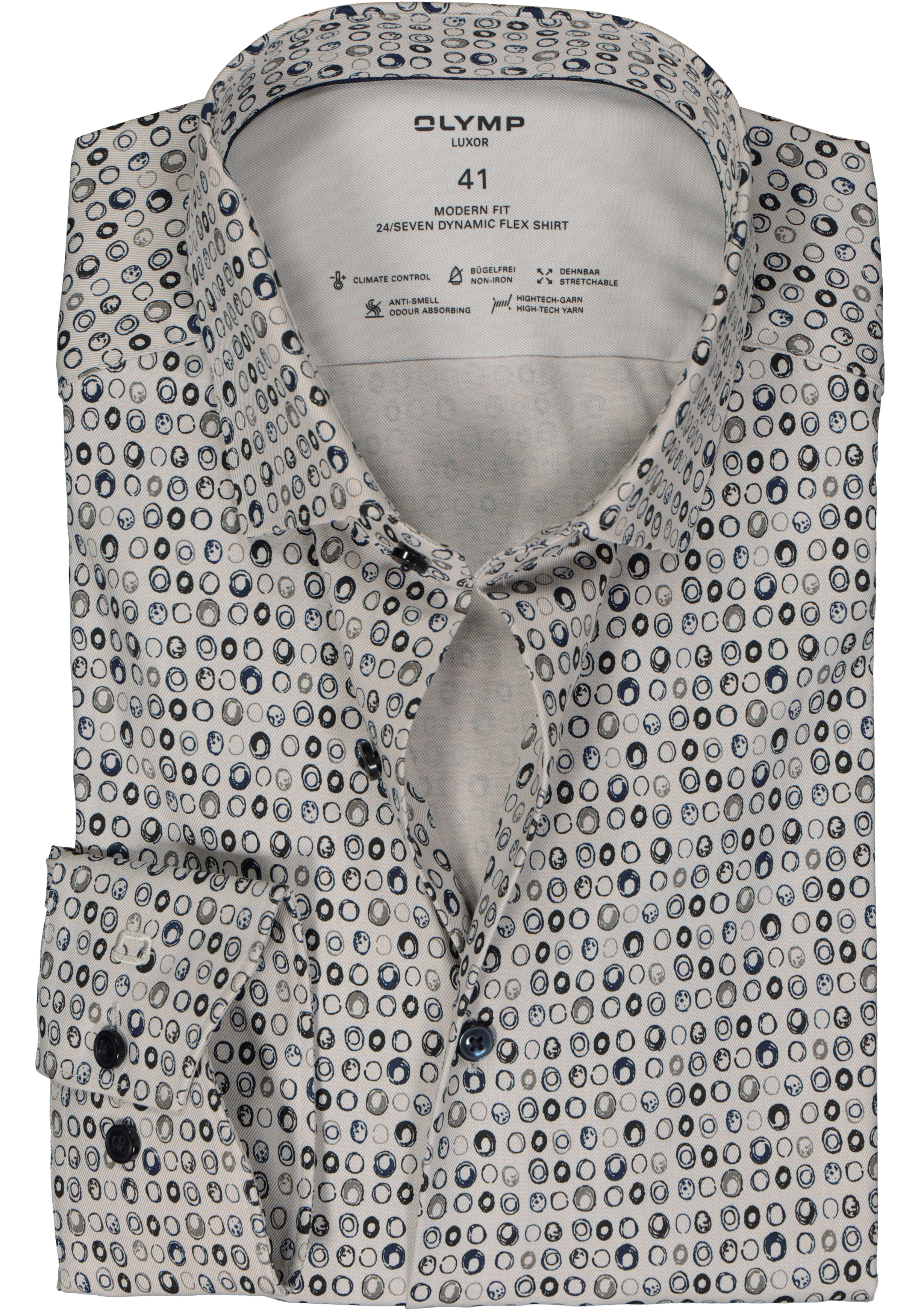 OLYMP 24/7 modern fit overhemd, twill, taupe met blauw dessin