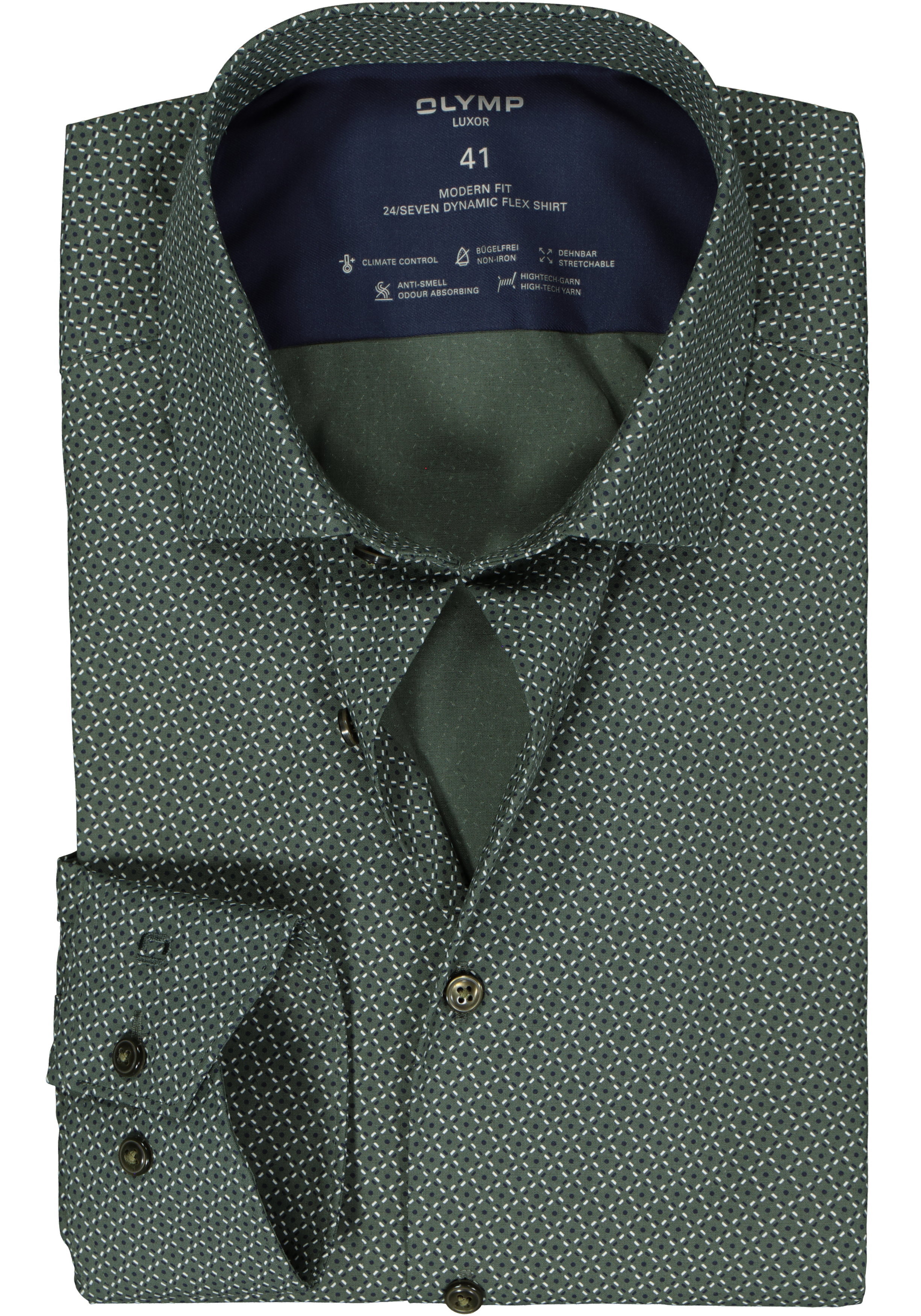 OLYMP 24/7 modern fit overhemd, popeline, olijfgroen met blauw en wit dessin
