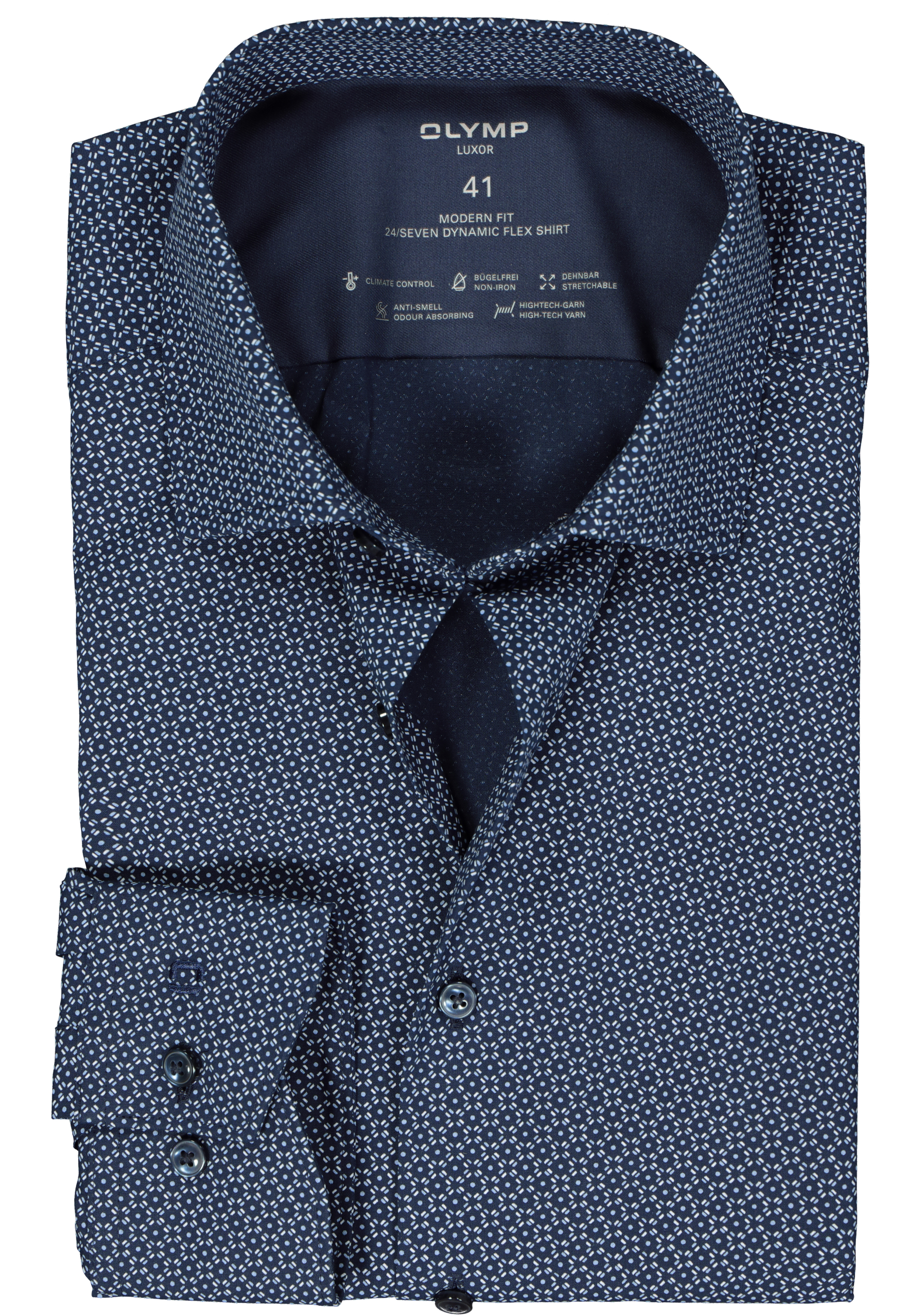 OLYMP 24/7 modern fit overhemd, popeline, blauw met wit dessin