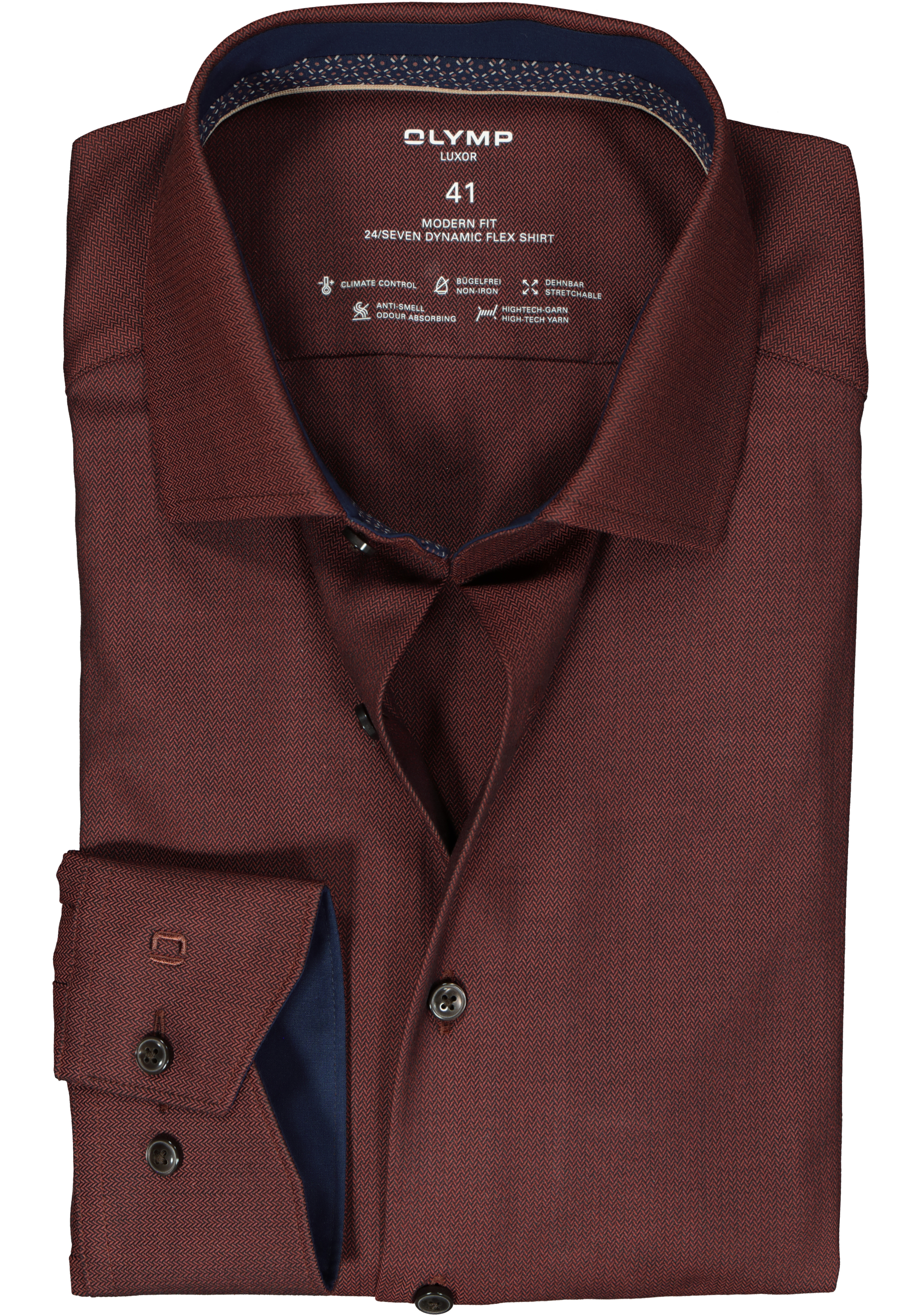 OLYMP 24/7 modern fit overhemd, herringbone, roodbruin (contrast)