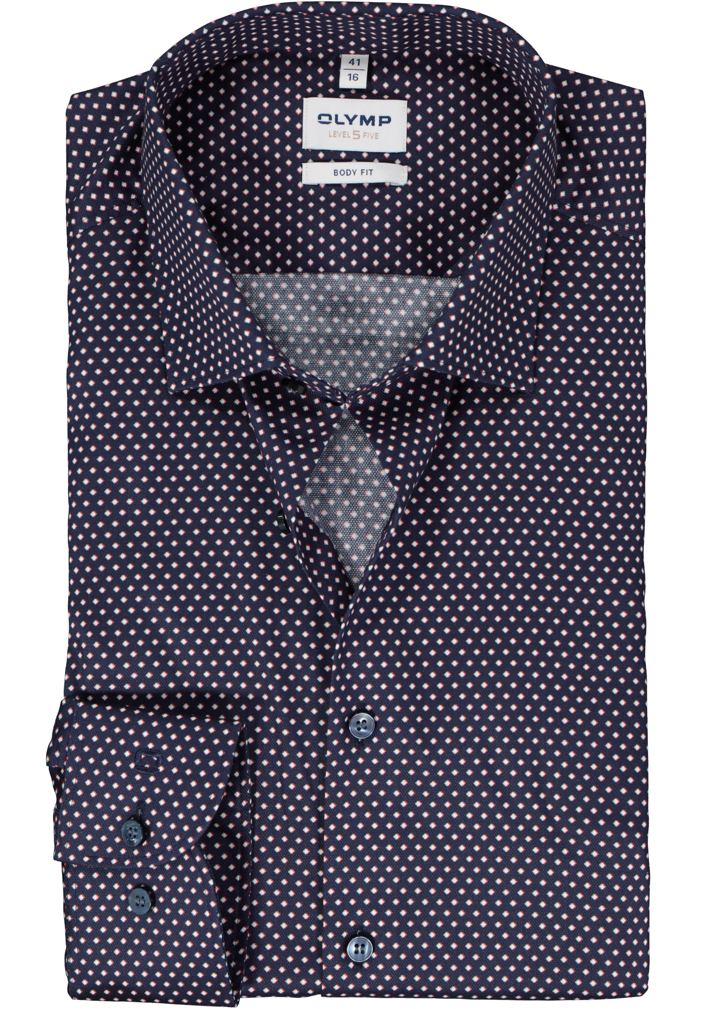 OLYMP Level 5 body fit overhemd, mouwlengte 7, structuur, donkerblauw met rood en wit dessin