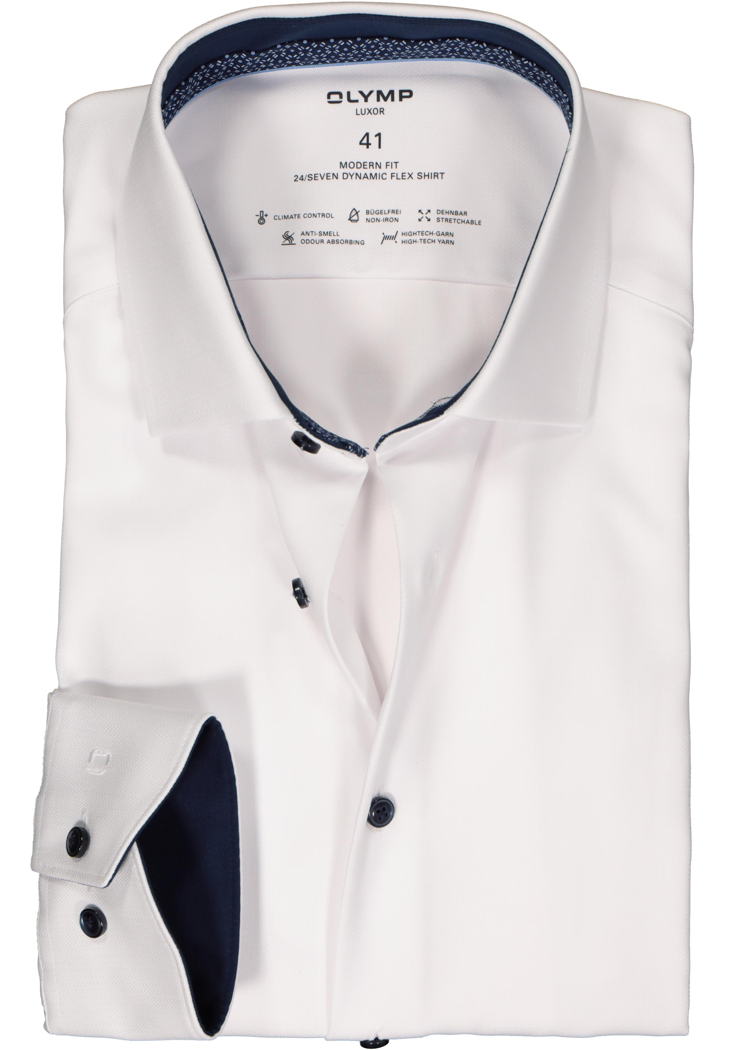 OLYMP 24/7 modern fit overhemd, mouwlengte 7, herringbone, wit (contrast)