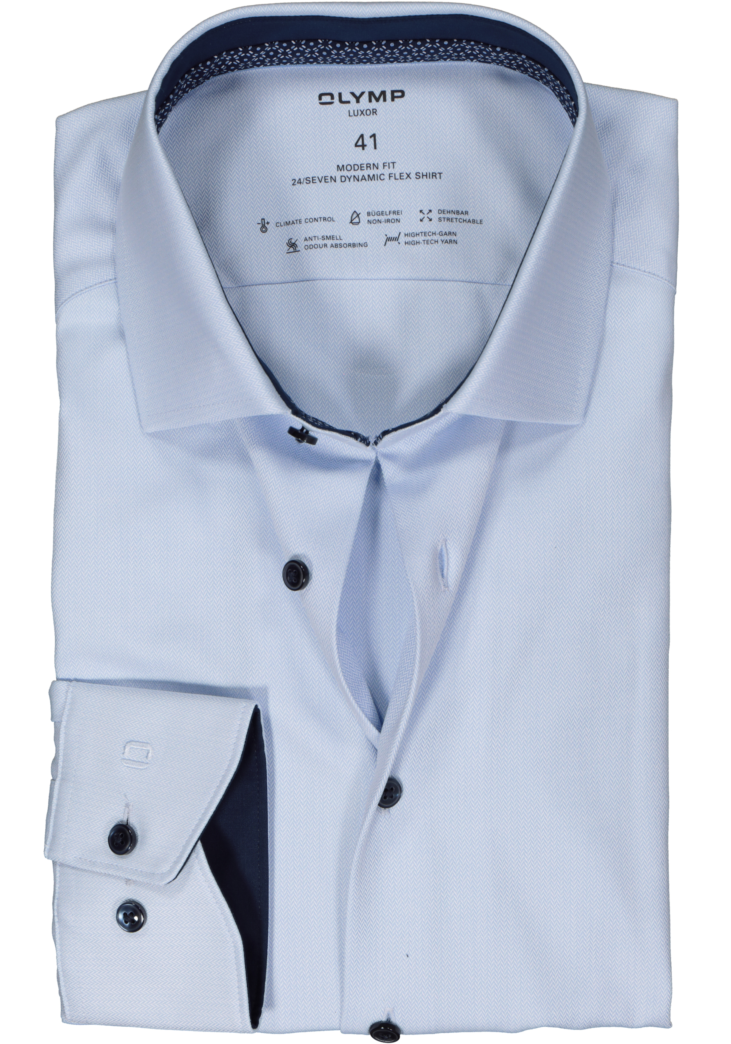 OLYMP 24/7 modern fit overhemd, mouwlengte 7, herringbone, lichtblauw (contrast)