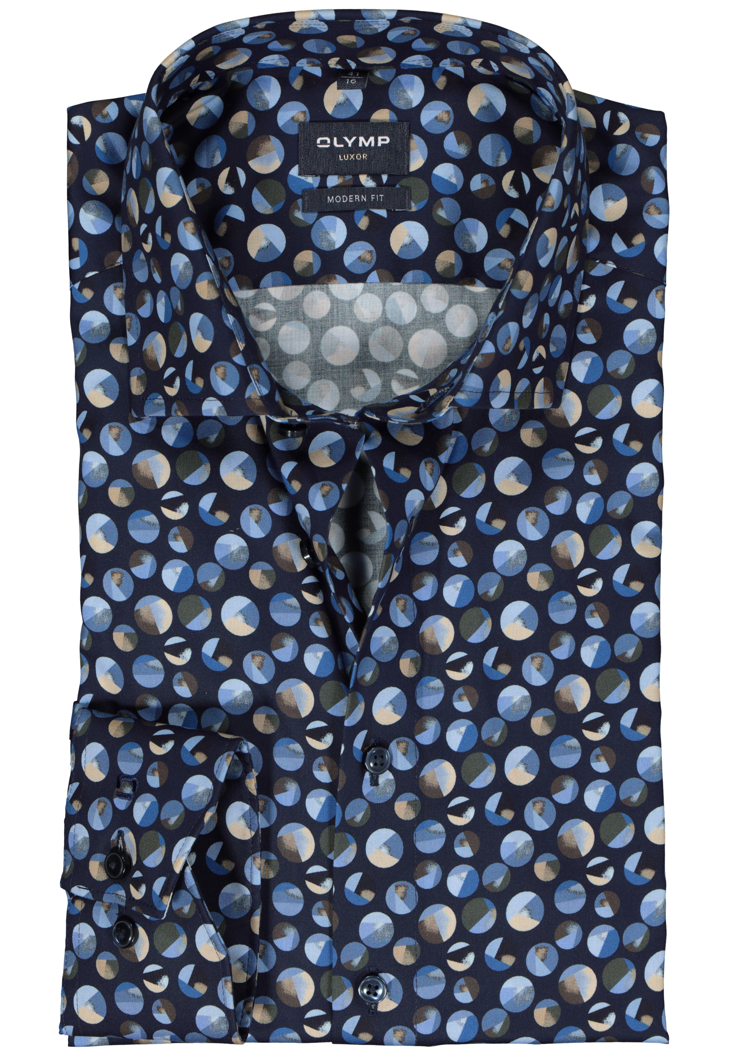 OLYMP modern fit overhemd, mouwlengte 7, mouwlengte 7, satijnbinding, blauw met bruin dessin