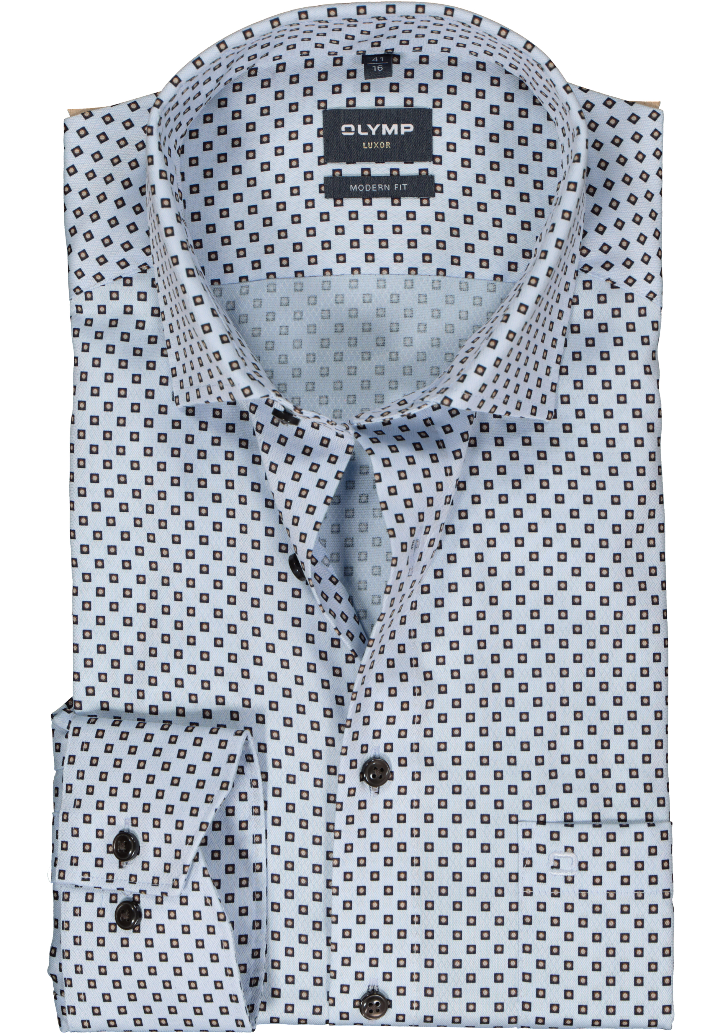 OLYMP modern fit overhemd, mouwlengte 7, mouwlengte 7, structuur, blauw met beige dessin