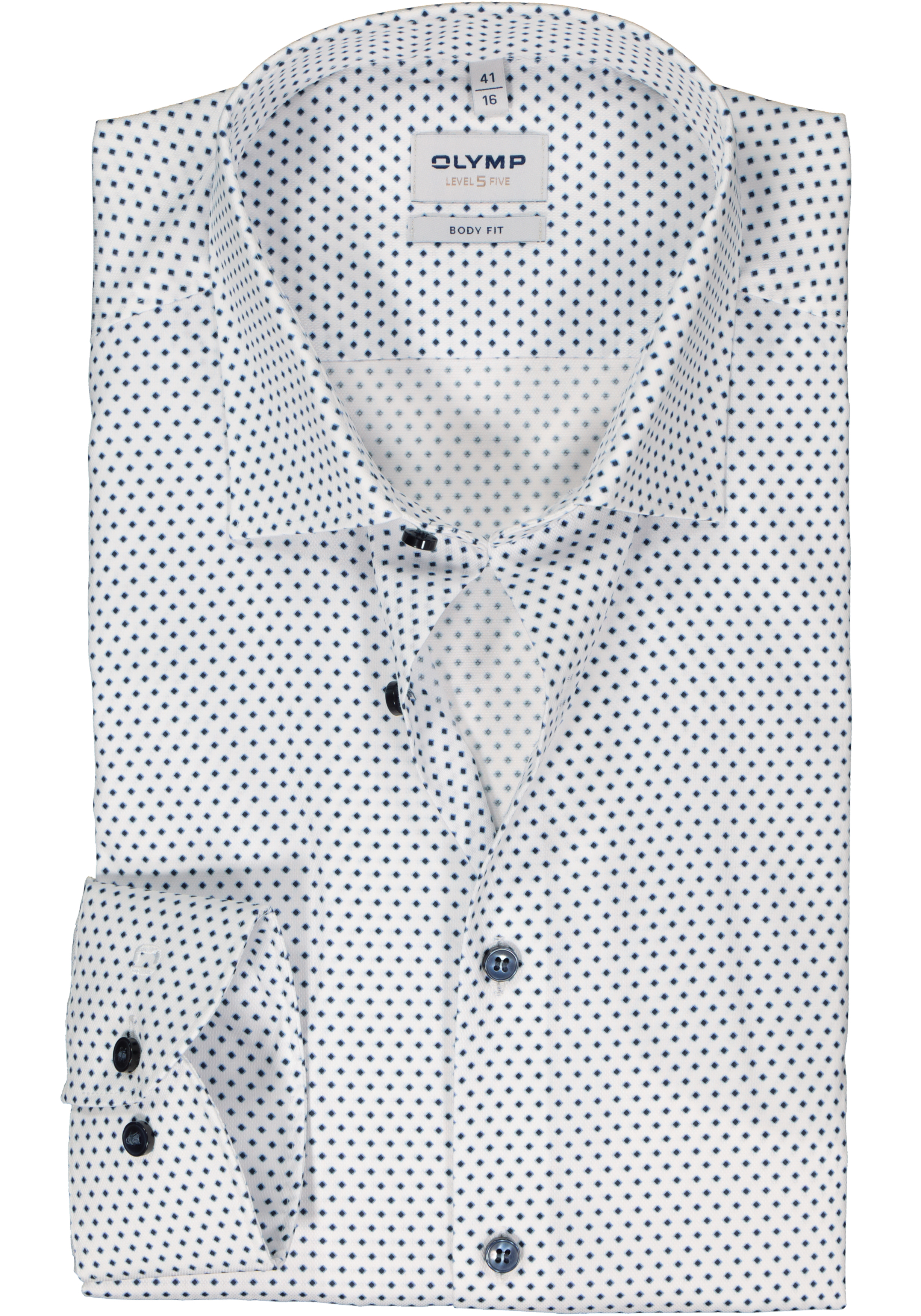 OLYMP Level 5 body fit overhemd, mouwlengte 7, structuur, wit met blauw dessin