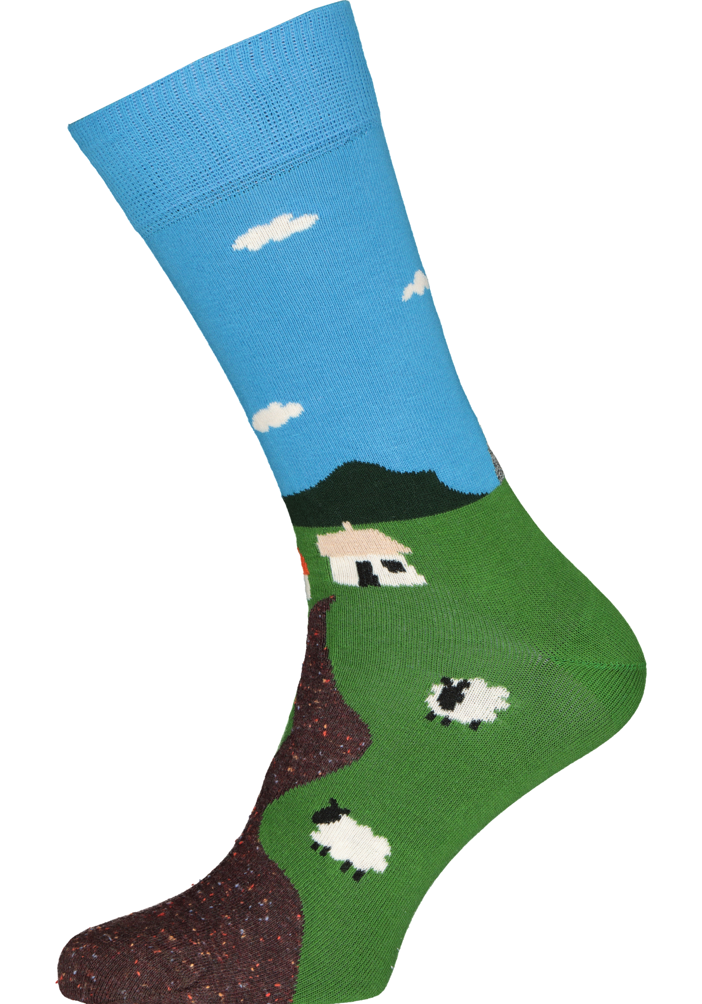 Happy Socks Little House On The Moorland Sock, unisex sokken, groen met blauw landschap